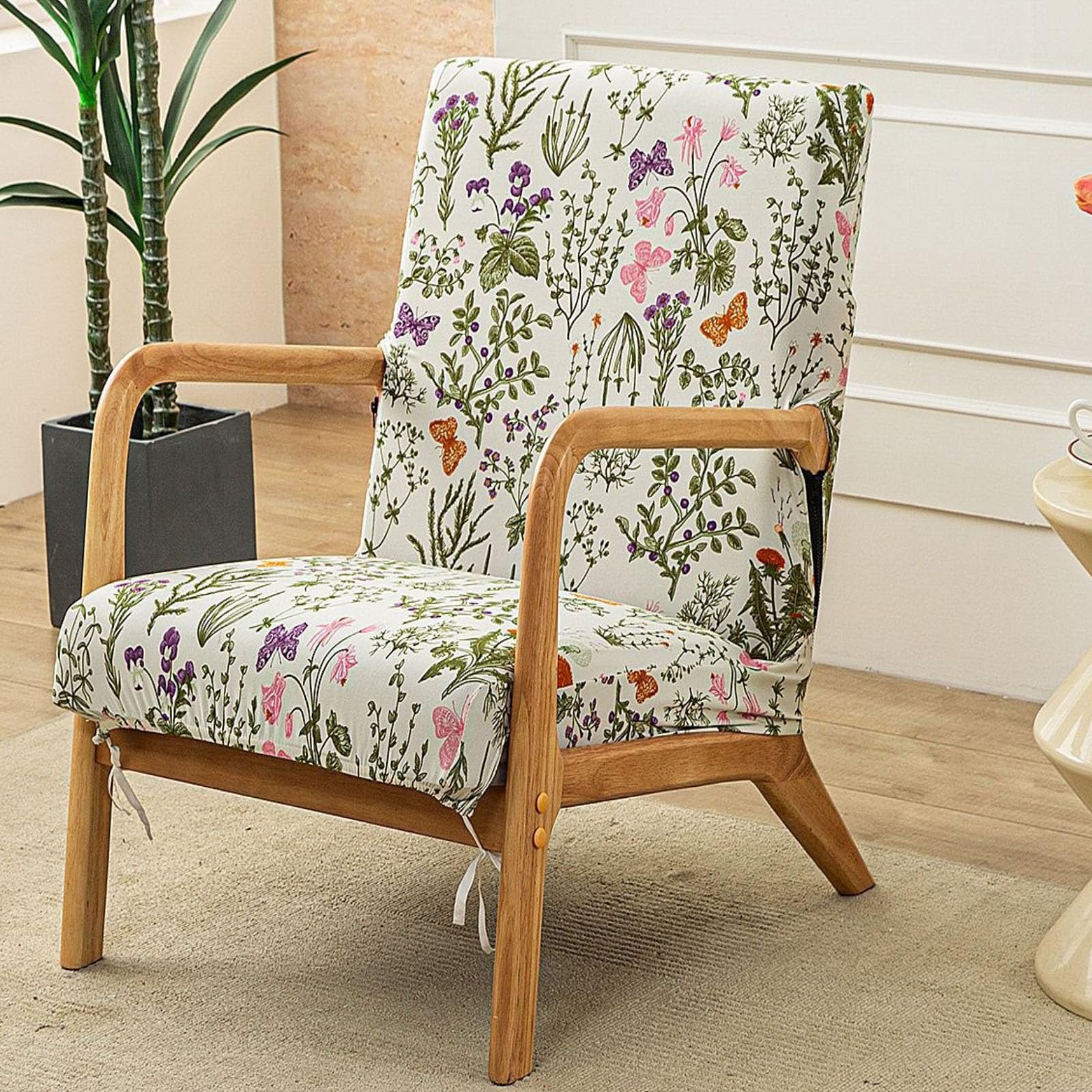 FANSU Stretch Arm Chair Covers for Mid Century Modern Upholstered Protector, 1 Seater Accent Chair Cover with Zipper Wooden Armchair Slipcover Elastic Furniture Protector, Nordic Plants (Butterfly)