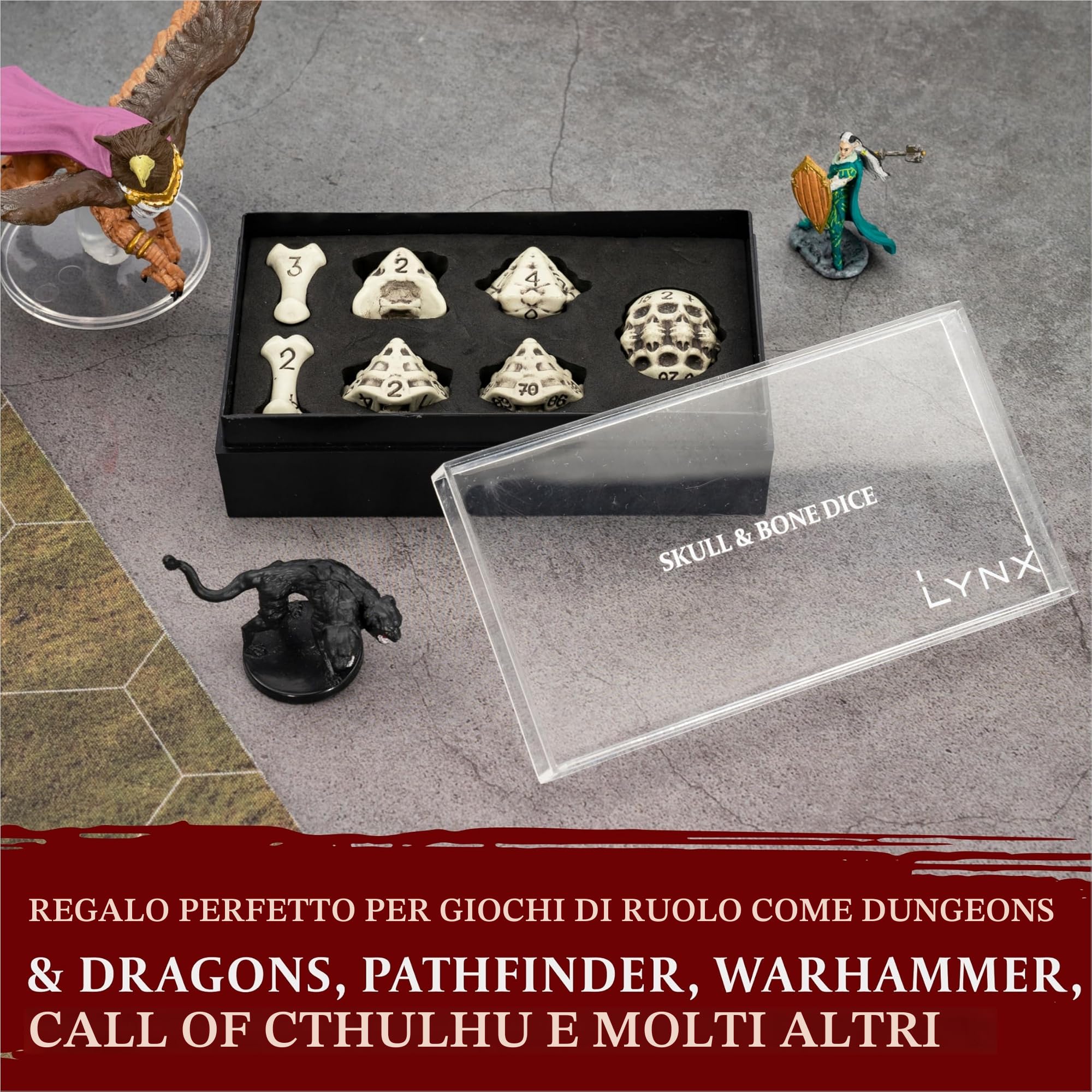 Set Dadi D&D - Set di 7 Dadi Poliedrici Teschio e Ossa per GDR/RPG - D20, D12,%D10, D10, D8, D6 & D4. DND Dice Set/Dadi D&D Particolari per Warhammer, Pathfinder, Dungeons & Dragons Gadget (Bianco)