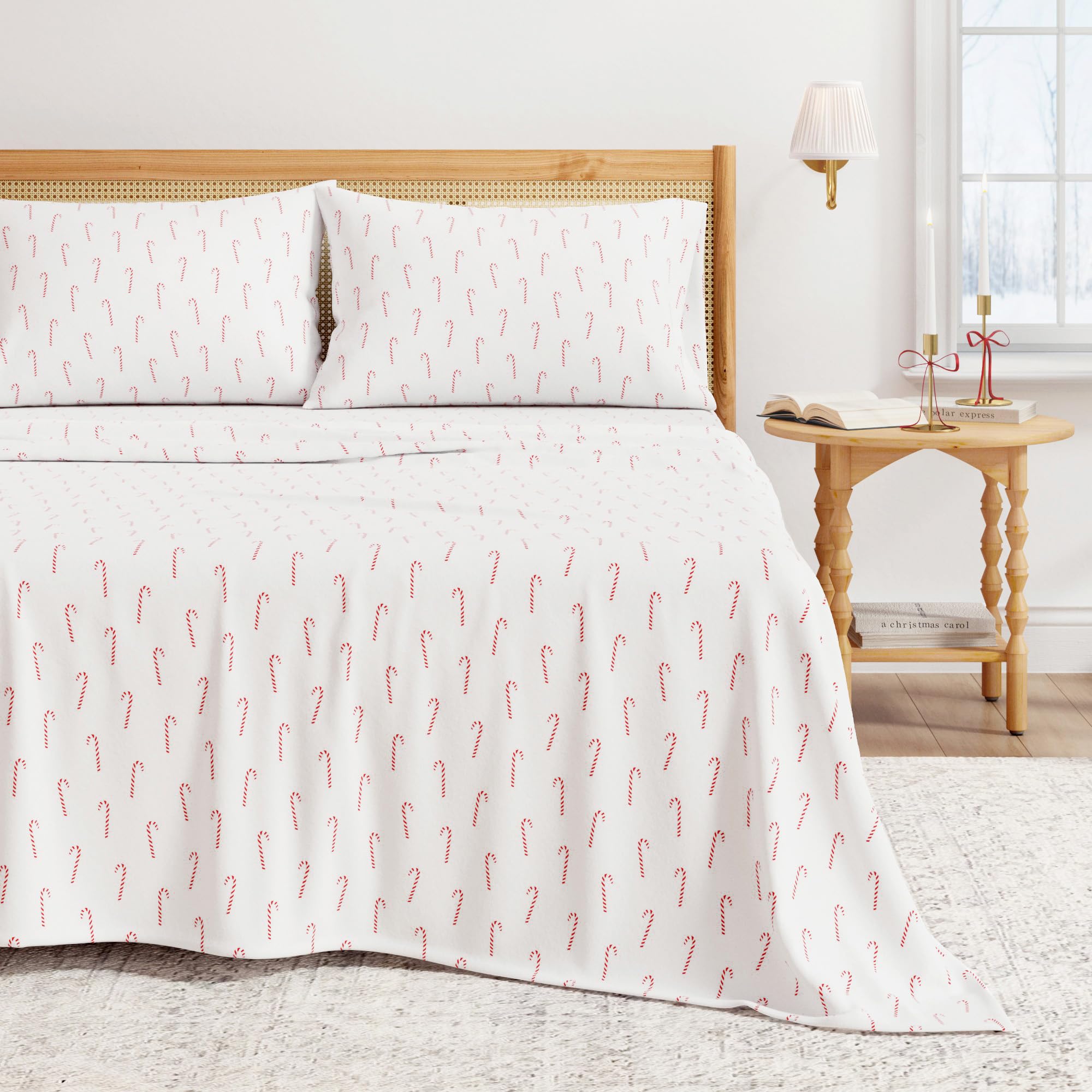 Great Bay Home Christmas Flannel Bedding Set California King Size, 100% Turkish Cotton Double Brushed Winter Sheets Ultra-Soft Cozy 4 Piece Bedding Set