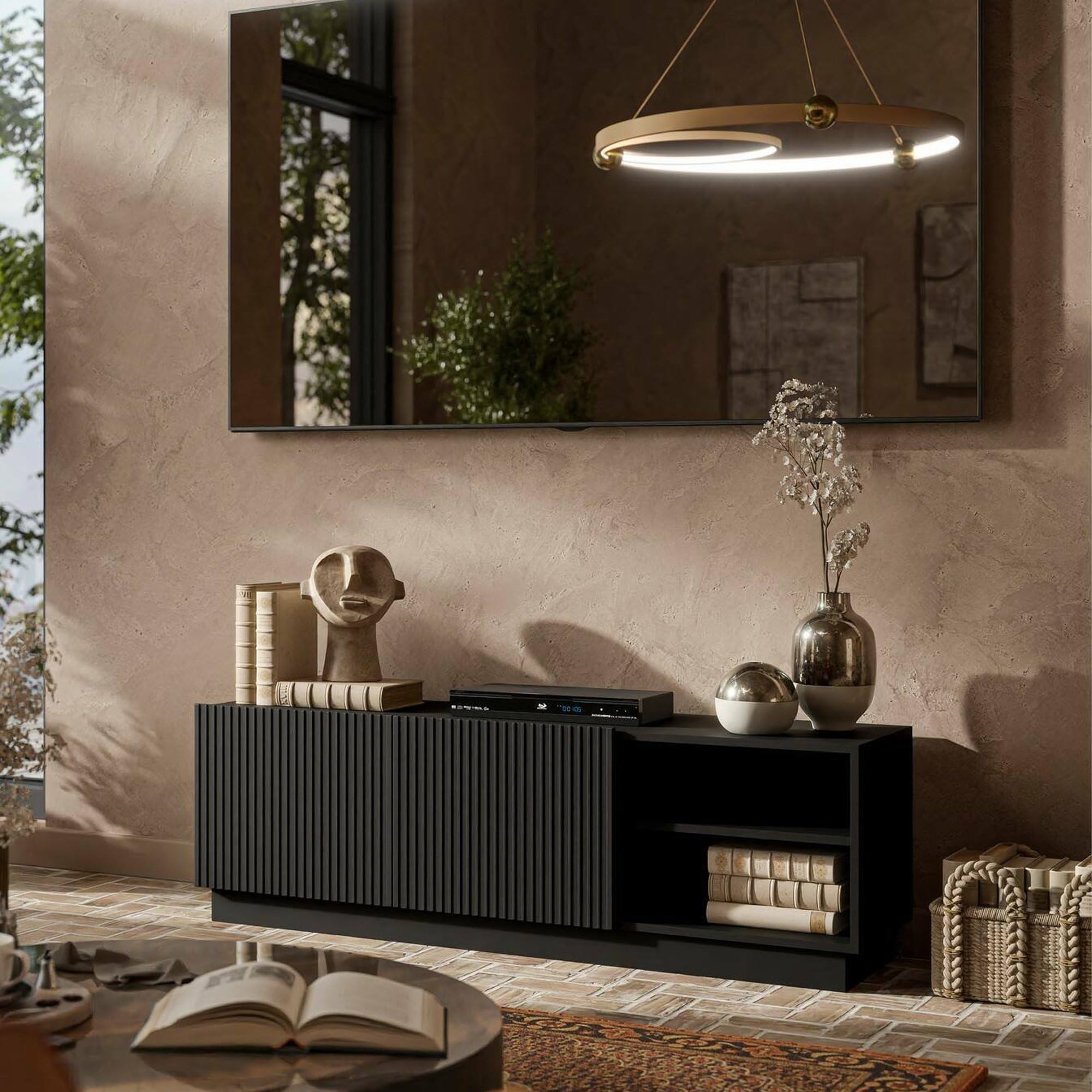 Dmora Mobile Porta tv Finita 40x150x48h cm Nero 3 Ripiani 6 Vani, 2 Ante