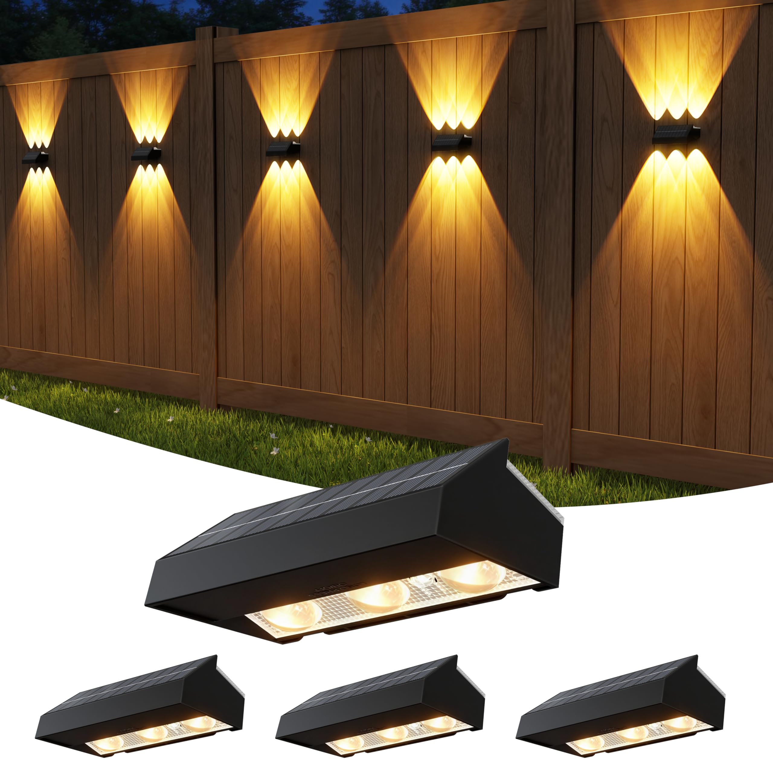 ZCXLIGHT Solar Fence Lights Outdoor Garden – Up & Down Three-Color White Solar Wall Lights, Waterproof, Long Runtime, 6 LED Beads, Dusk-to-Dawn – 4 Pack for Patio, Deck, Yard, Fence