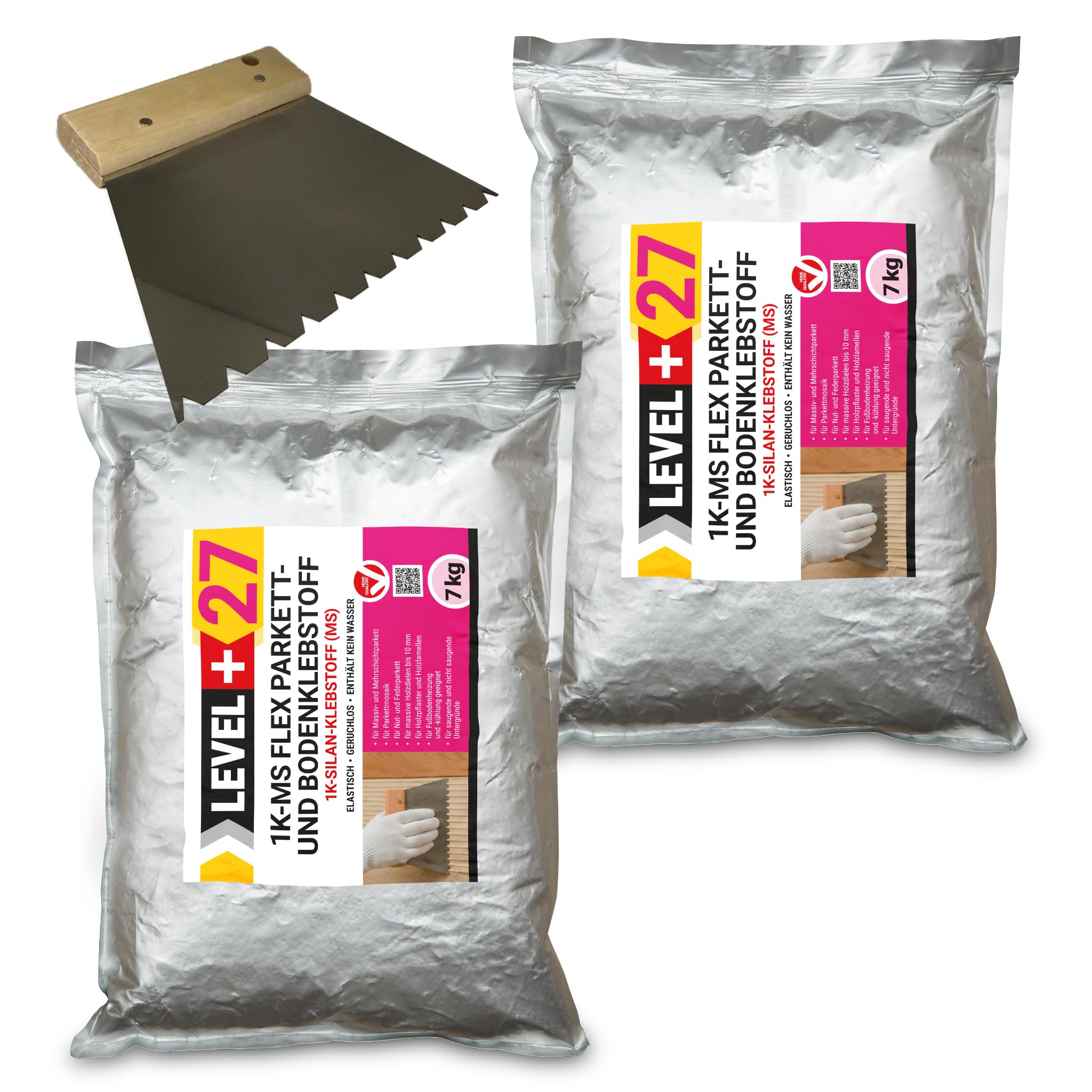 LEVEL+27 - Colla per parquet, 14 kg + spatola dentata B11, colla Flex Silan 1K-MS per parquet, sughero e pavimenti in legno