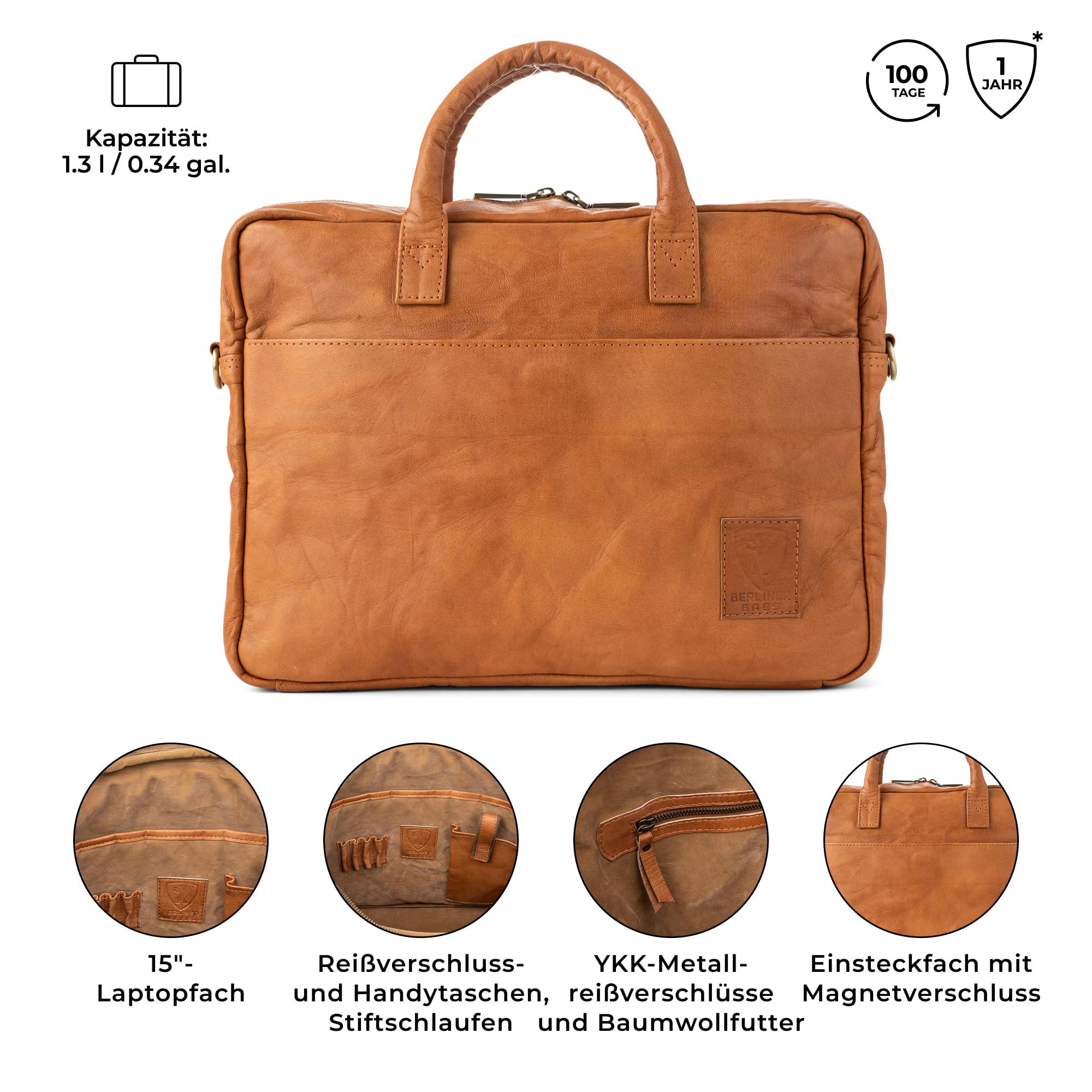 Berliner Bags Vintage Laptoptasche Madrid, 15 Zoll Umhängetasche aus Leder, Aktentasche, Schultertasche für Herren