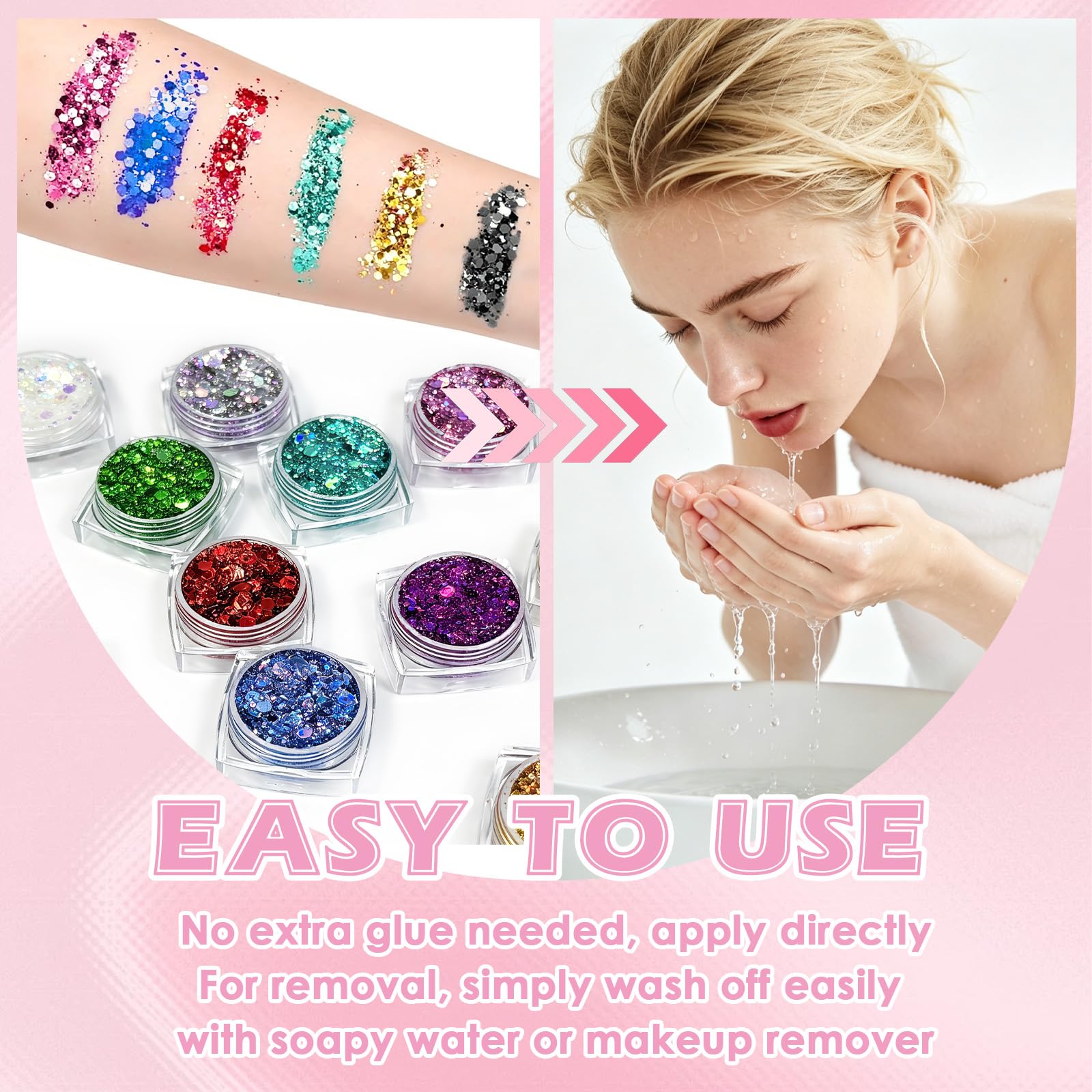 Glitter Viso Make up in Gel 12 colori Glitter per Corpo e Capelli Autoadesivo con Scintillii, Impermeabile 1 Fogli Adesivi con Strass per Trucco Professionale per Trucco Festival