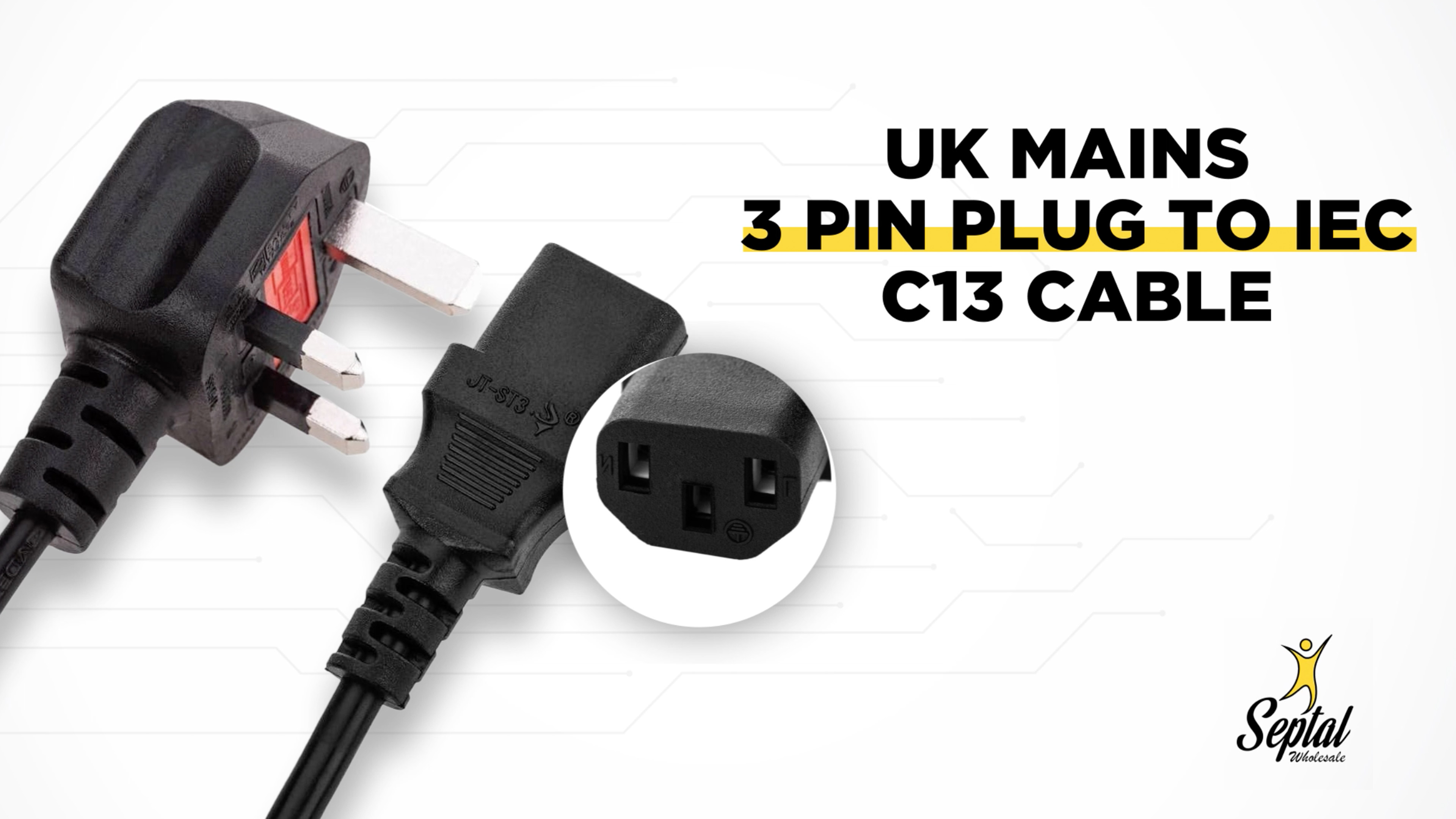 2m UK 3-Pin To IEC C13 Mains Power Cable, 13A Fused - For Kettles, PCs, Monitors & Printers