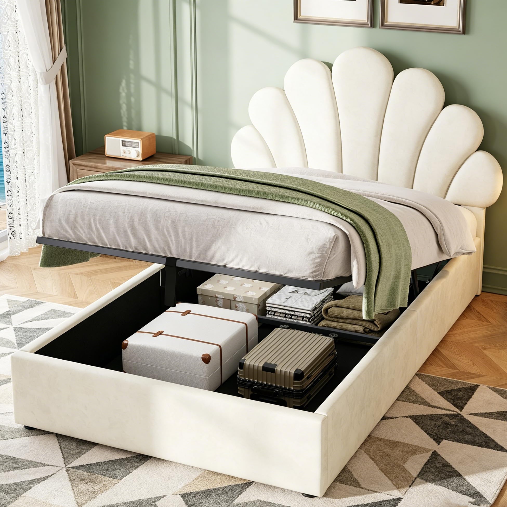Jovify 3ft Single Bed Frame with Hydraulic Lift & Adjustable Petal Headboard, Velvet Fabric Upholstered Gas Lift Ottoman Bed with Storage & Wooden Slats, Beige, No Mattress, No Box Spring Needed โ image 1