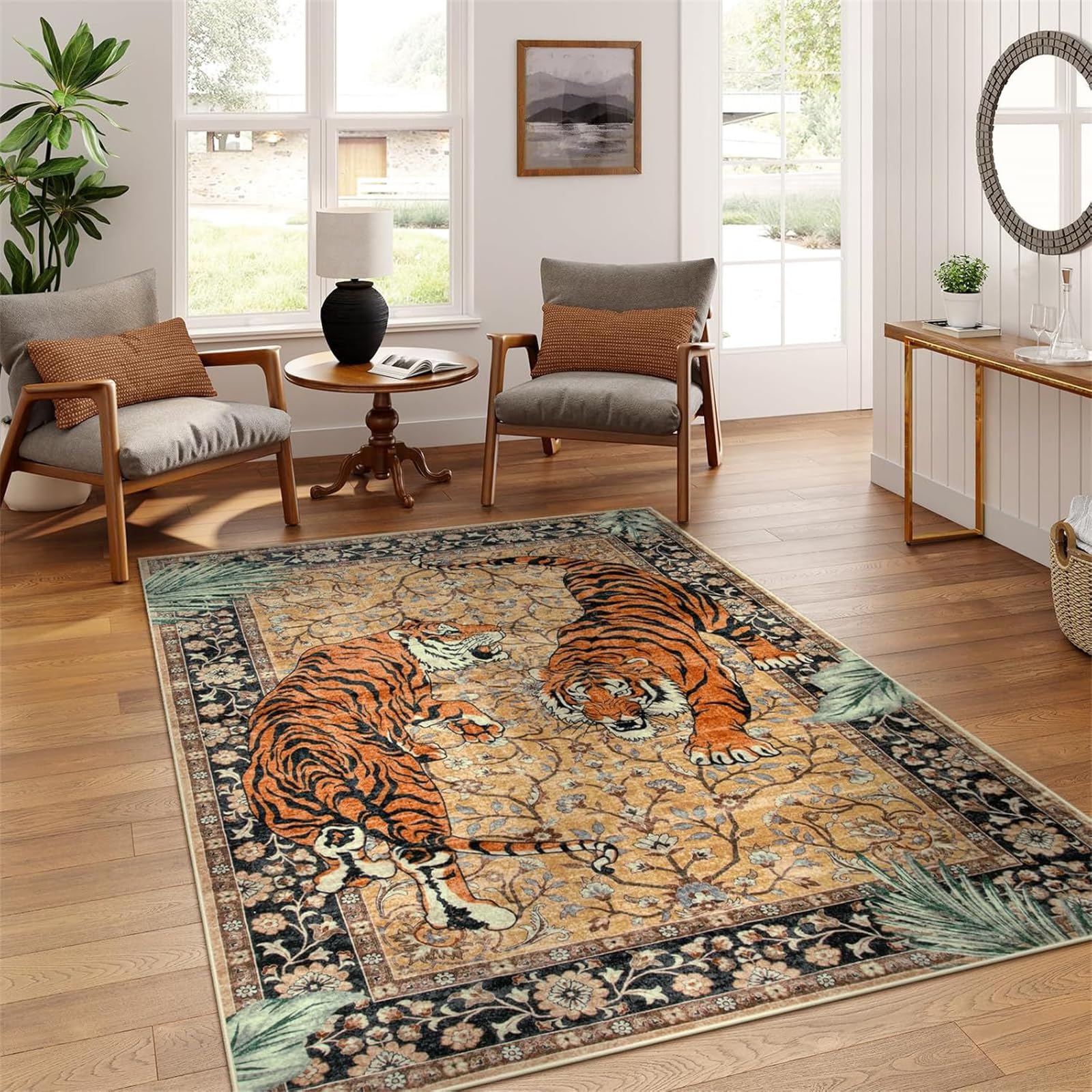 Tapis tigre rétro lavable pour salon et table basse antidérapant