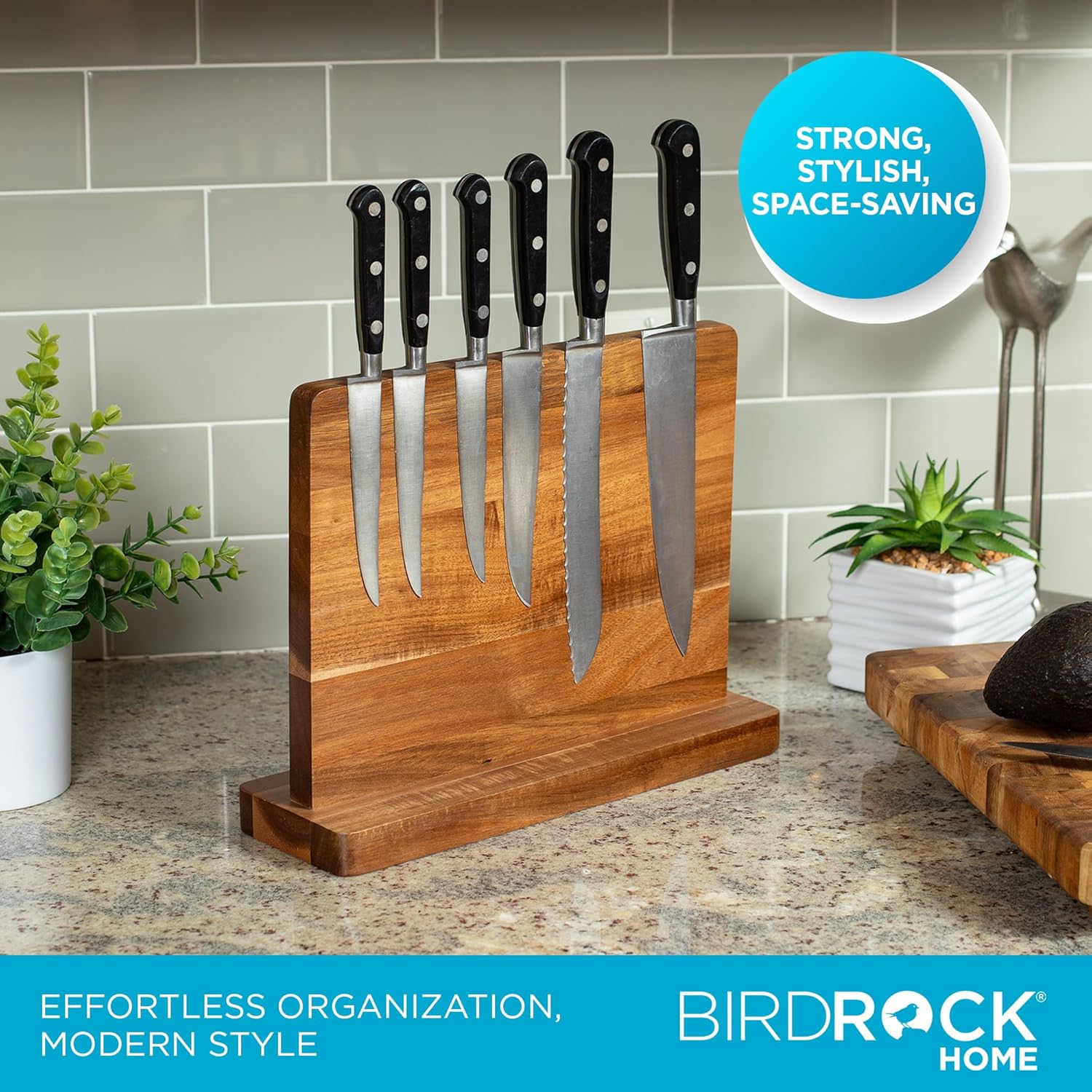 BIRDROCK HOME Wooden Magnetic Knife Block | Acacia Wood Knife Storage | Double-Sided Strong Magnetic Knife Holder | Knife Organizer for Kitchen & Space-Saving Design | No Knives Included | 12.8"Lx10"H