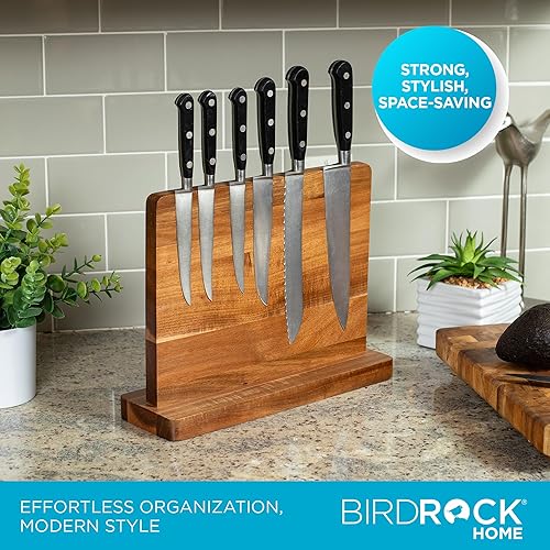 Miniatura 2 de BIRDROCK HOME Bloque magnético de madera para cuchillos  Almacenamiento de cuchillos de madera de acacia  Soporte magnético fuerte de doble cara