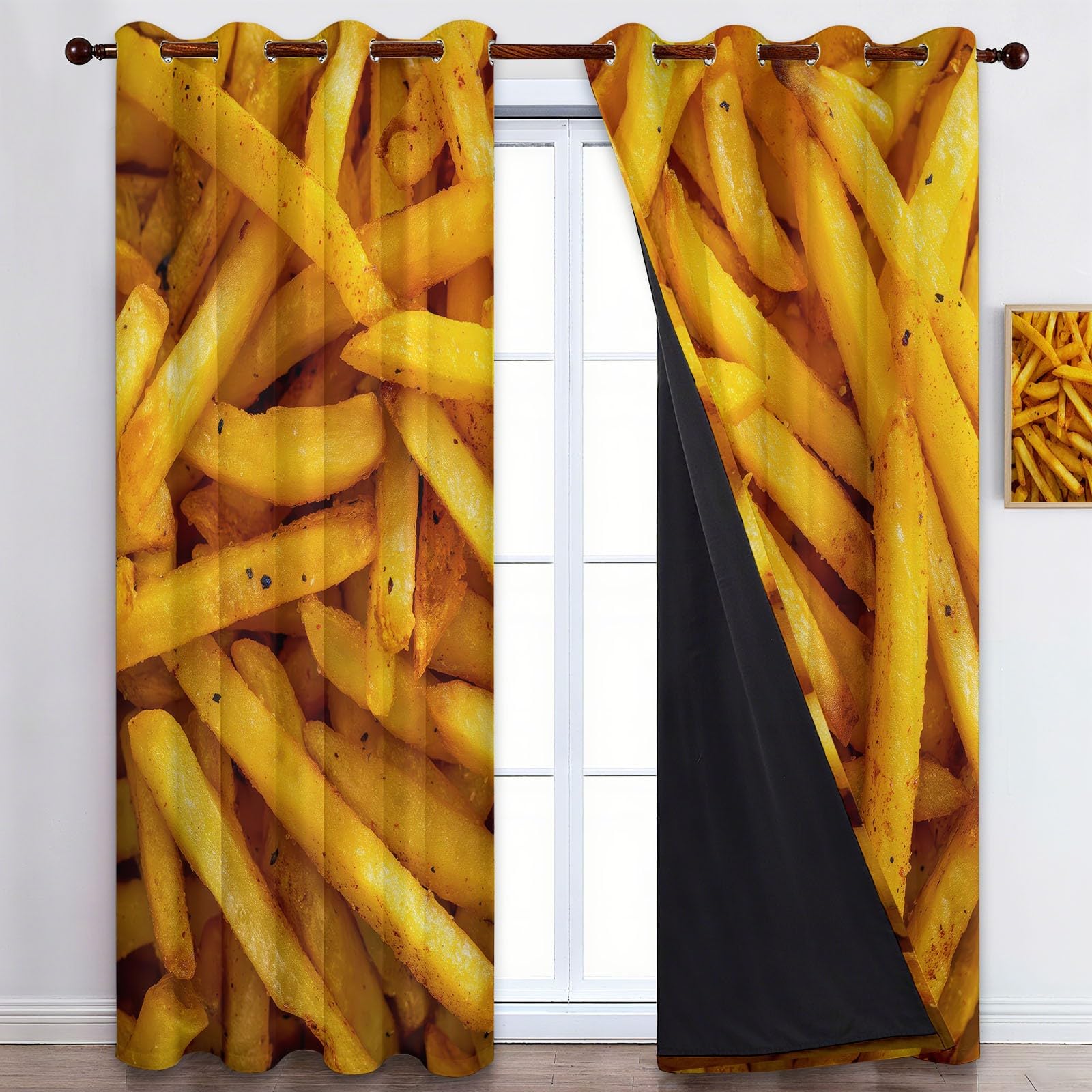 Zasłony zaciemniające 2 sztuki fast food fast food frytki, zasłony do salonu, izolowane termicznie zasłony na zimno i ciepło z oczkami do pokoju dziecięcego sypialni, żółty, 140 x 245 cm