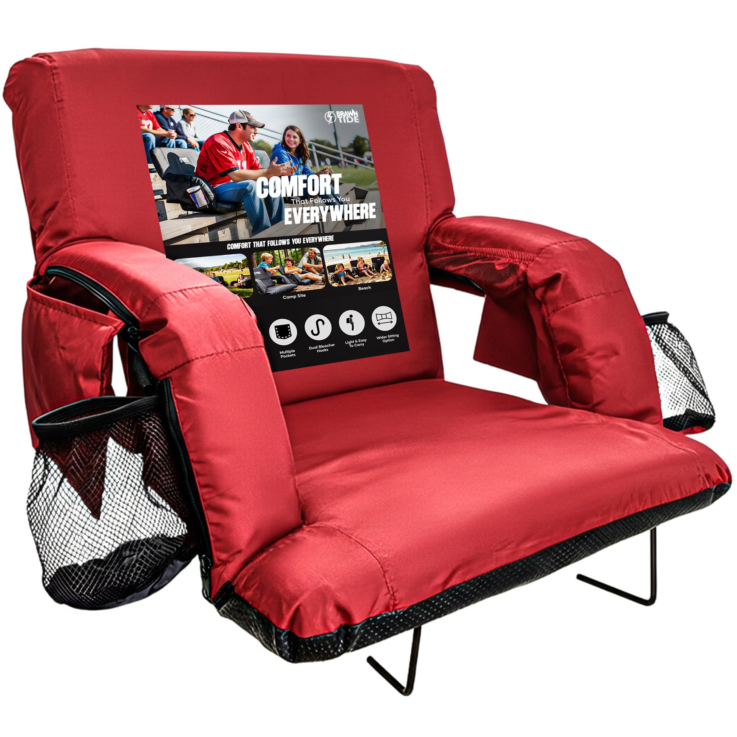 BRAWNTIDE Stadium Seat for Bleachers with Back Support - Wide Padded Reclining Bleacher Seat, Portable Folding Stadium Chair with Armrests, Hooks,