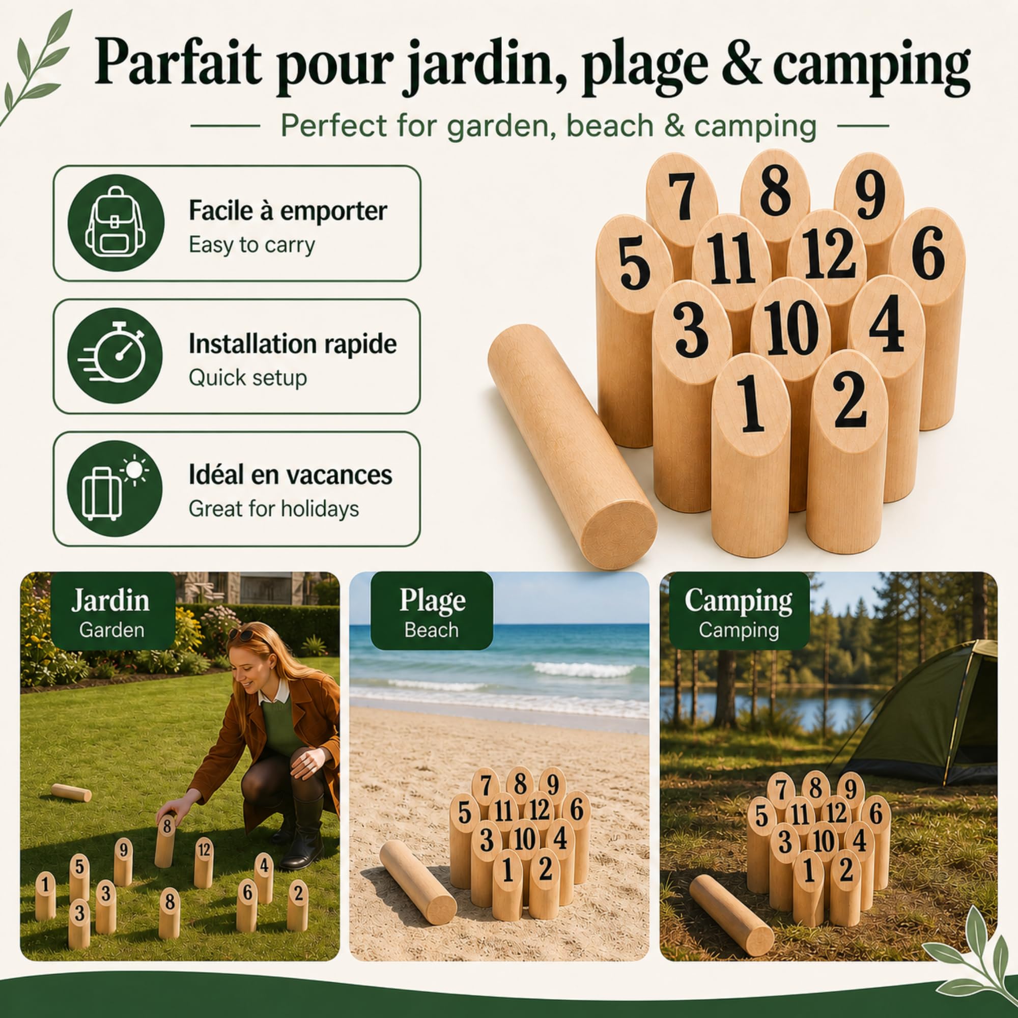 GRENADINE BOUTIQUE Jeu de Quilles Nordiques en Bois – Jeu Exterieur – Famille Adresse Strategie Jardin Plage Camping – Jeu en Bois Naturel – Kubb Bois – Enfants Adultes - Lot 12 Quilles