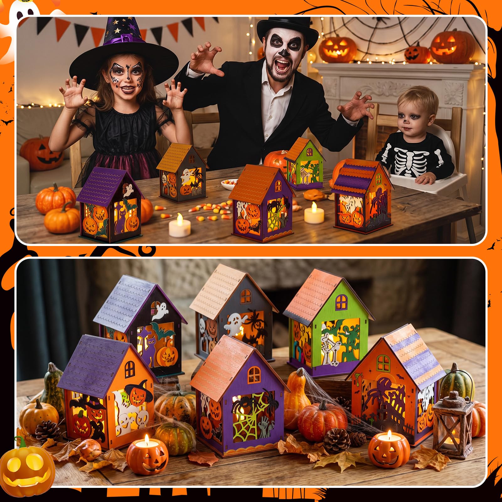 Jenaai Lot de 24 maisons d'Halloween en bois à faire soi-même - Maison hantée en vrac - Ensemble de village 3D en bois - Citrouille fantôme - Artisanat à peindre pour enfants - Cadeau de salle de