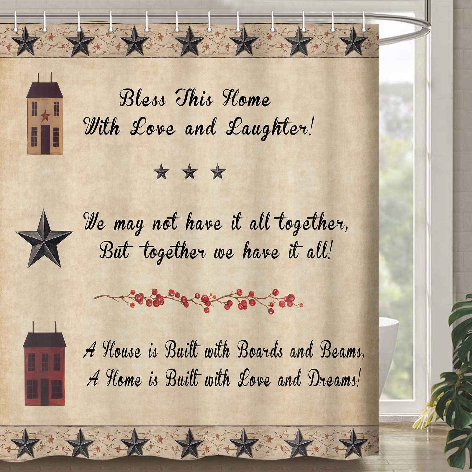 DYNH Western Shower Curtain, Primitive Farmhouse Rustic Western Texas Stars Brown Country Shower Curtains, Primitive Shower Curtain Set with Hooks,