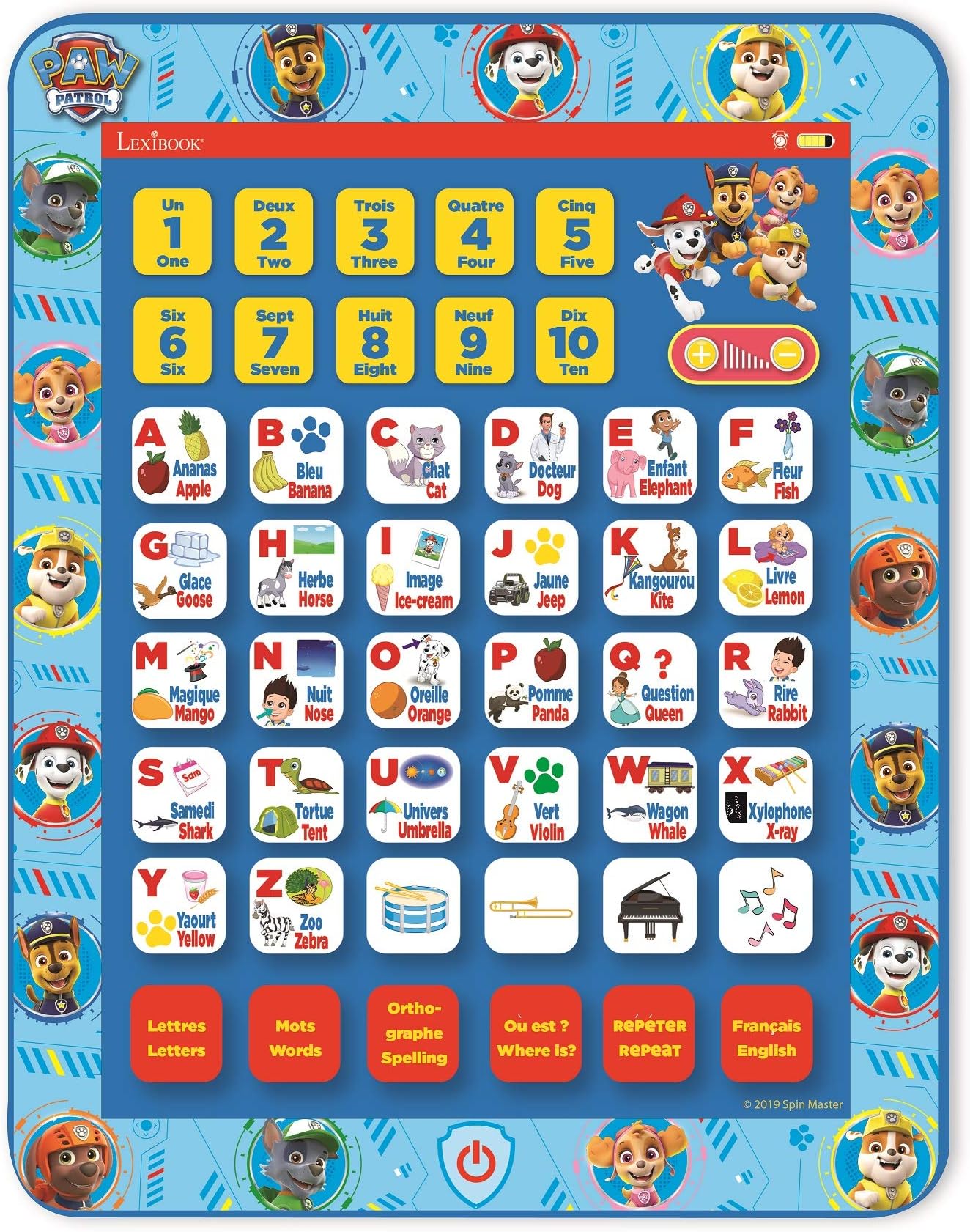 – LEXIBOOK, Paw Patrol, Educational Bilingual Interactive Learning Tablet, Toy to learn alphabet letters numbers words spelling and music, English/French, Blue, JCPAD002PAi1