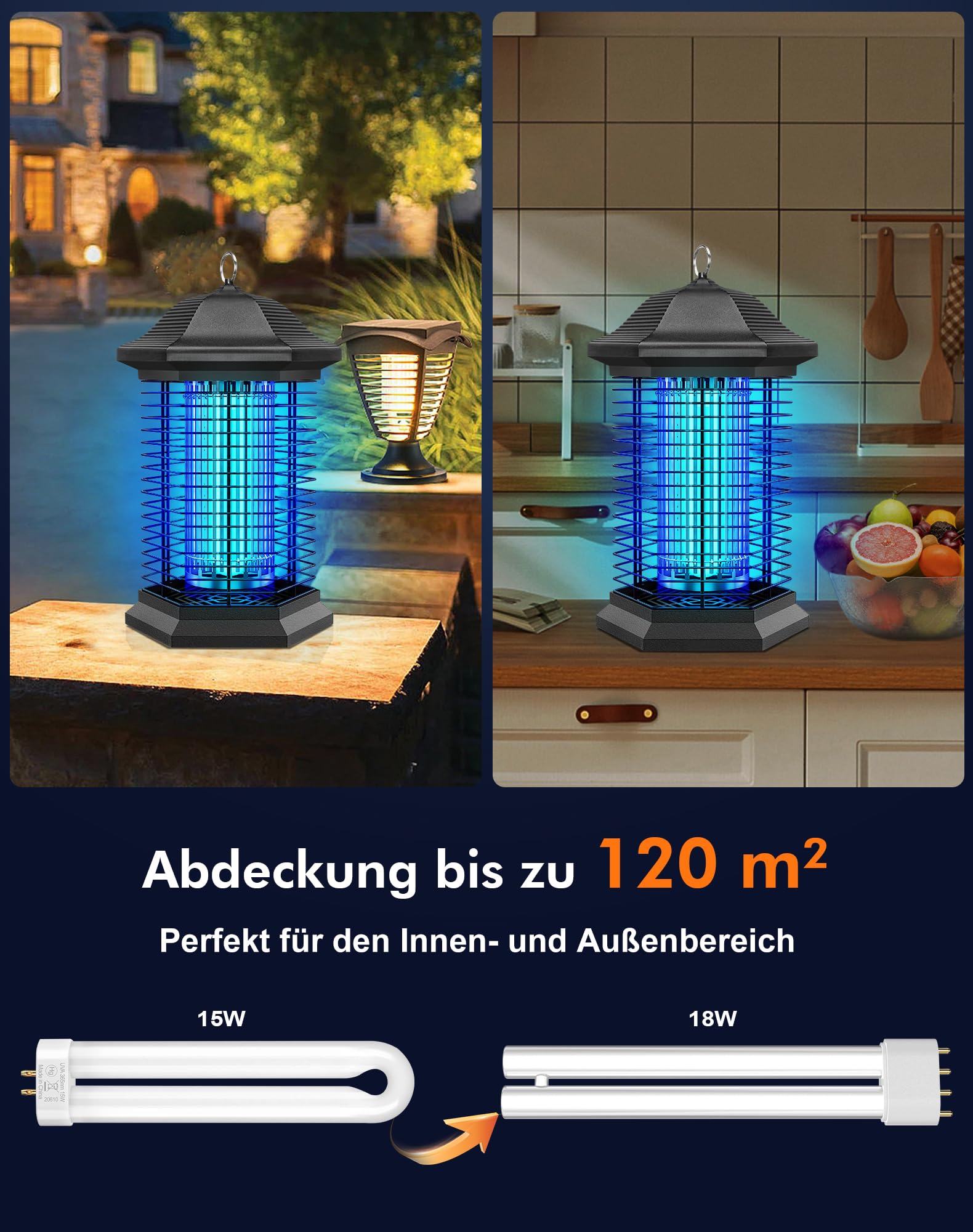 AMUFER Insektenvernichter elektrisch, Mückenfalle mit 18 W Leistung & 4400 V Voltstärke, 100% höhere Effizienz der Mückenbekämpfung, Mückenlampe Fliegenfalle für Garten, Schlafzimmer, Gastronomie