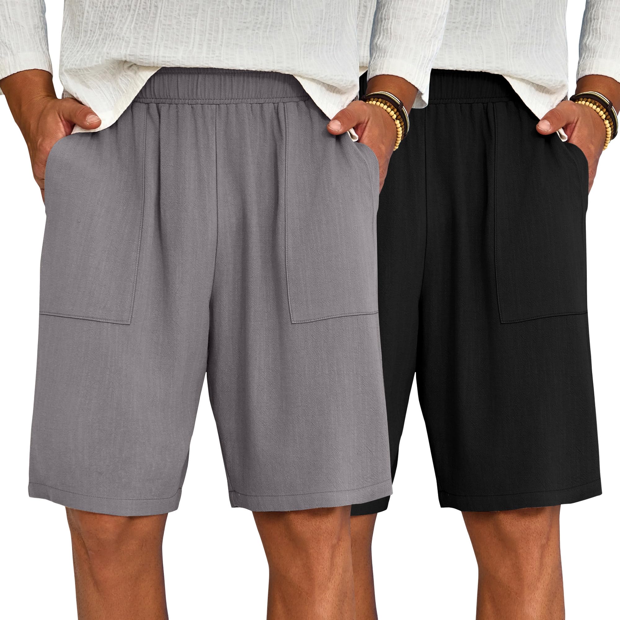 Riyiper 2 Pack Men's Big and Tall Linen Shorts, Drawstring Casual Shorts with Pockets Elastic Waist Beach Summer Shorts