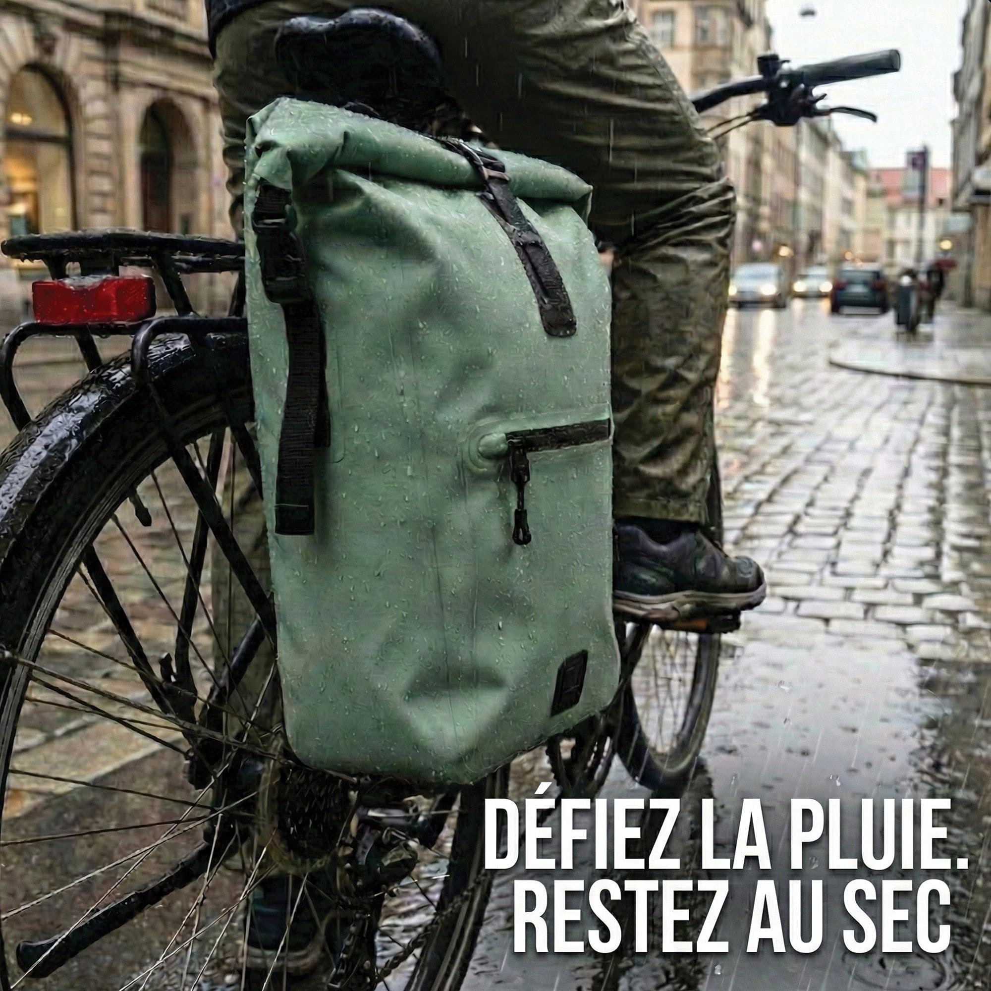 GADISTA Sacoche Vélo 3-en-1 Étanche IPX6 25L - Sac à Dos Bandoulière Porte-Bagage PC 17" - Vert Sauge