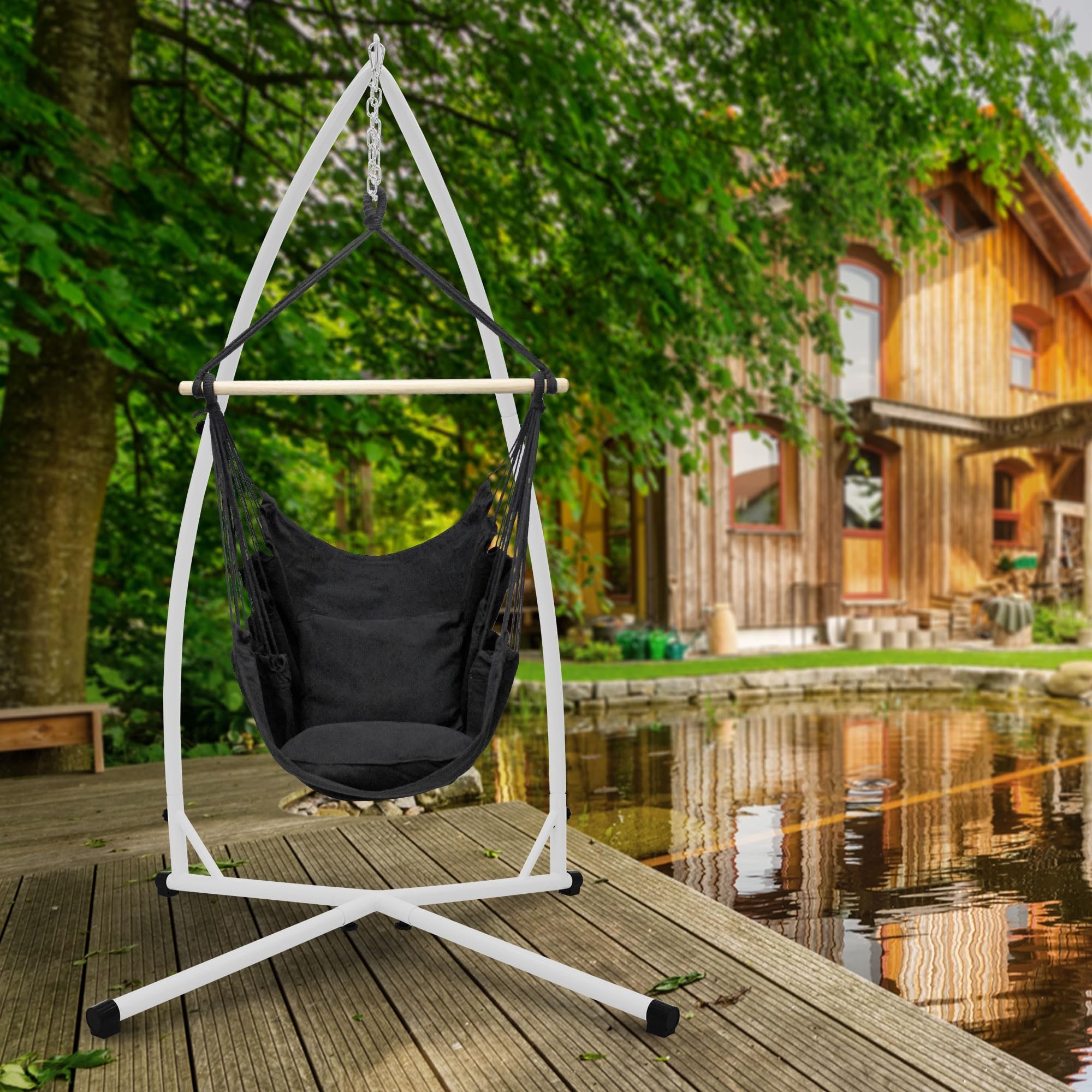 ECD Germany Châssis de Fauteuil Suspendu 208 cm Blanc en Métal Charge Max. 120 kg Cadre Chaise Suspendue Indépendant Soutien Hamac Siège Accrocher Balancelle Support de Fauteuil Chaise à œufs Jardin