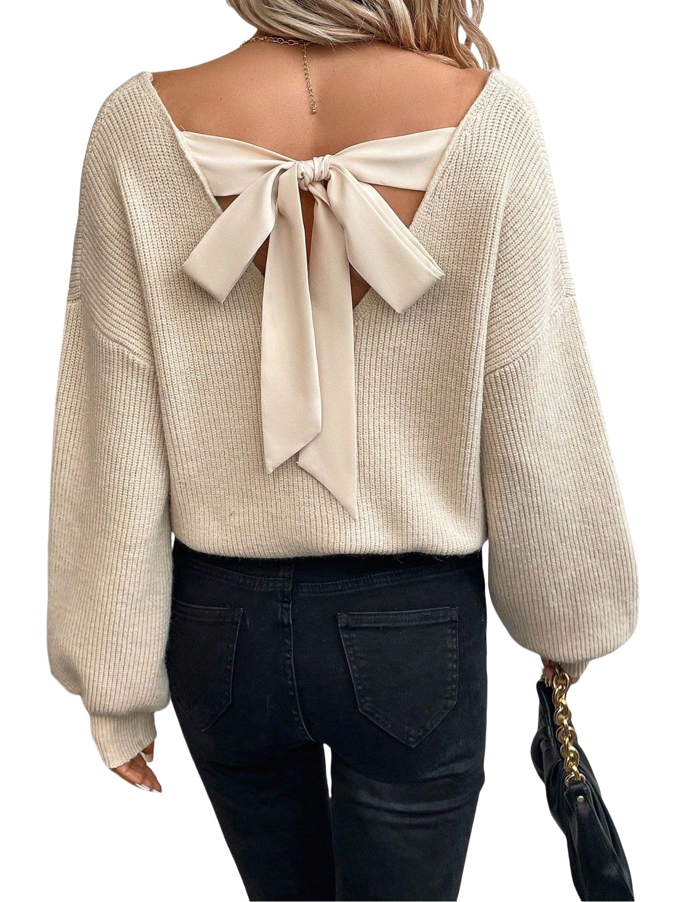 V Neck Sweaters Woman Off The Shoulder Sweater Top Fitted Long Sleeve Shirt Women Tie Back Sweater Knit