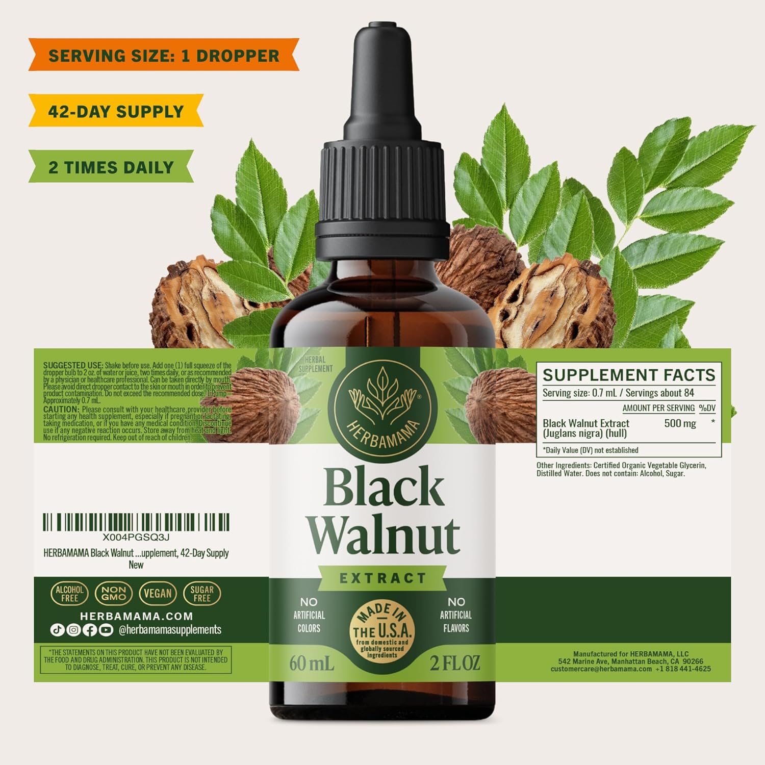 HERBAMAMA Black Walnut Tincture - Vegan Digestive Cleanse Support with Black Walnut Hull Extract Drops - Non-GMO, Alcohol & Sugar-Free Liquid Gut Supplement, 42-Day Supply - Image 8