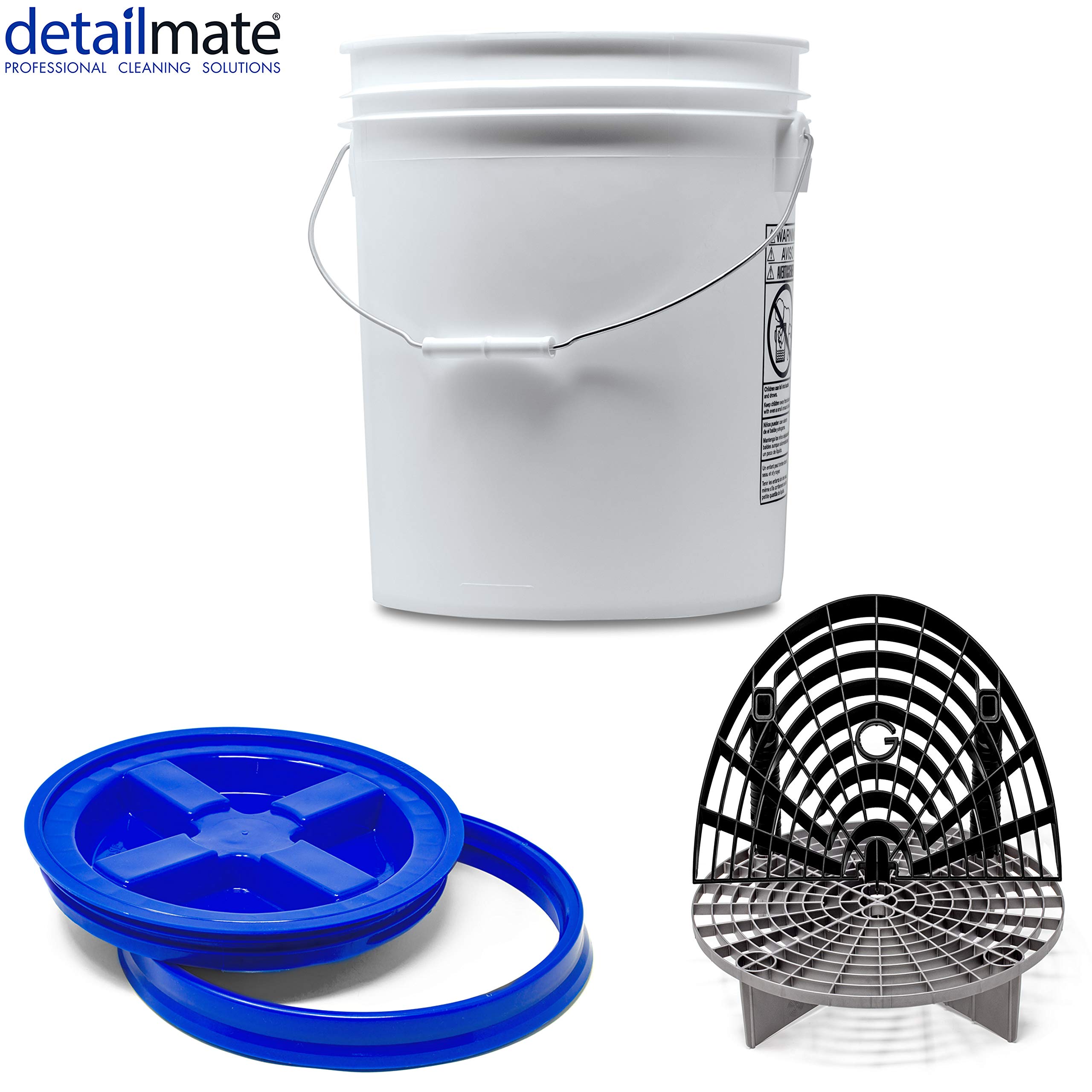 Detailmate professionelles Wasch Eimer Set: Magic Bucket Wascheimer 5 GAL (ca. 20 Liter), Gamma Seal Eimerdeckel blau, GritGuard Schmutz Einsatz Silber, GritGuard Washboard schwarz