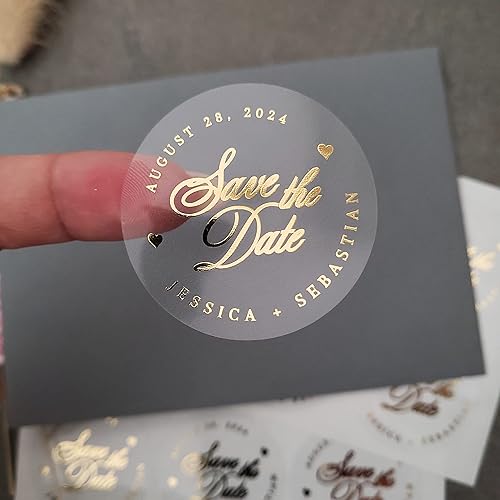 Calcomanías personalizadas para guardar la fecha, etiquetas de invitación de oro de boda, sellos de sobres personalizados, adhesivo transparente
