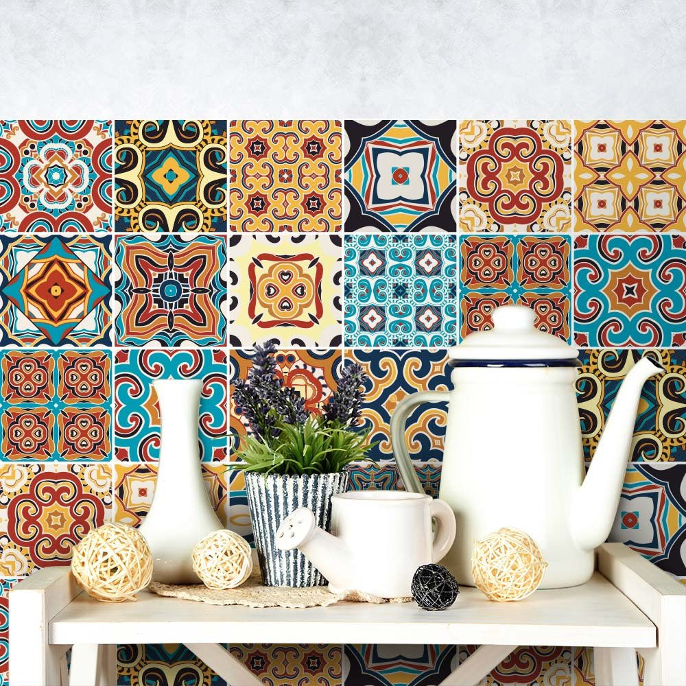 RE-COVERTILES - Adesivi Piastrelle Cucina Bagno Mattonelle Adesive In PVC Impermeabili Antigraffio Stickers Decorazione Parete Cementine Peel And Stick - Modello 54 Pz 10x10 Cm PS00195 Made In Italy