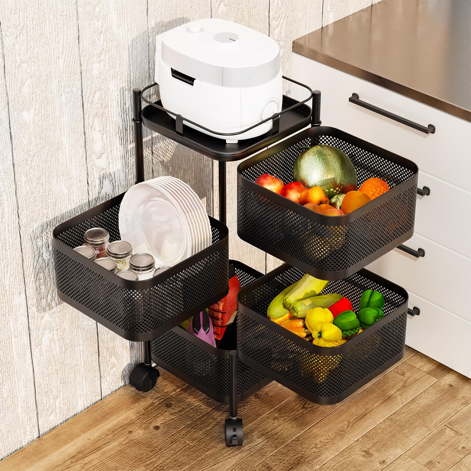 Étagère rotative carrée à 4 niveaux : chariot de cuisine noir mobile sur roulettes à 360°