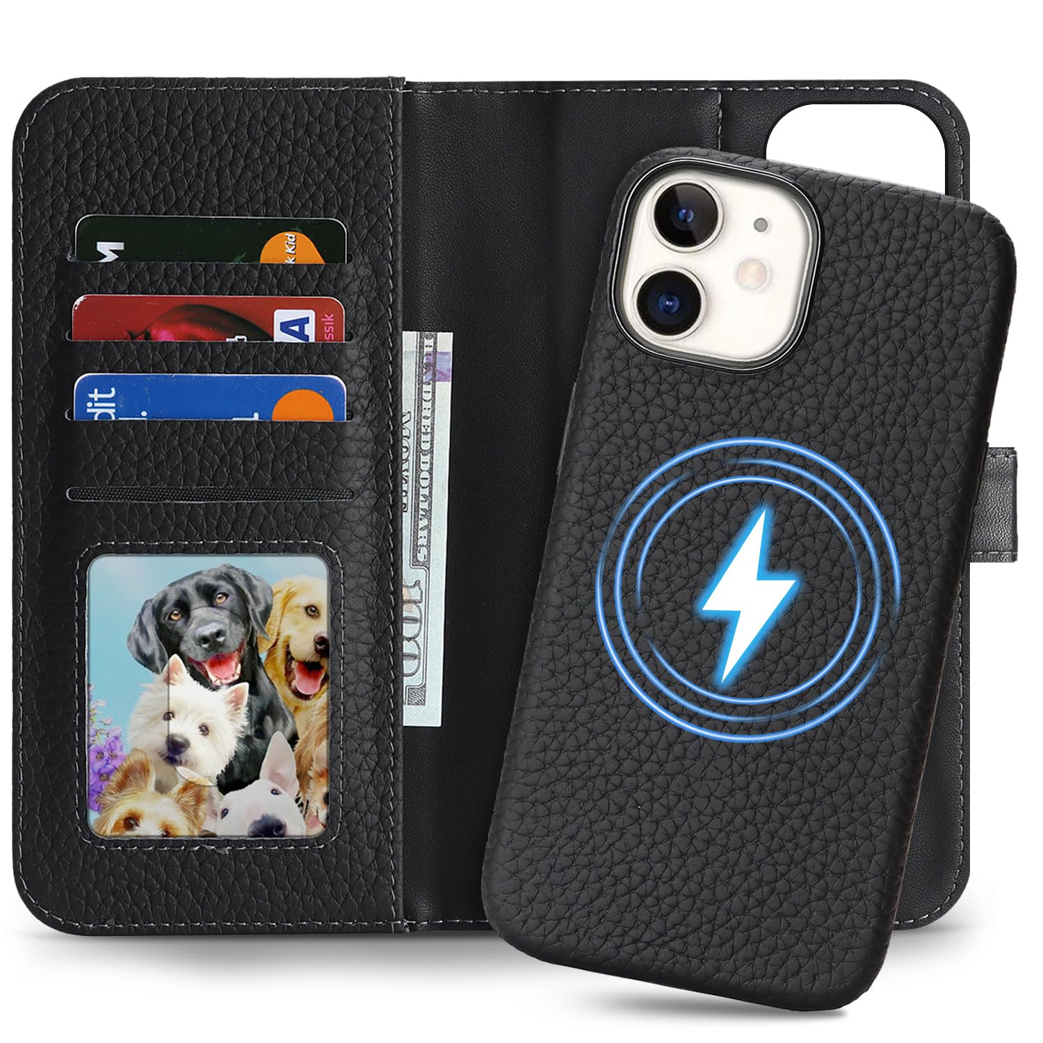 Detachable Genuine Leather Case for iPhone 11 Wallet Case Magnetic 2in1 Removable Flip Cover Book Purse Compatible with Magsafe Charging Kickstand Card Holder-Black