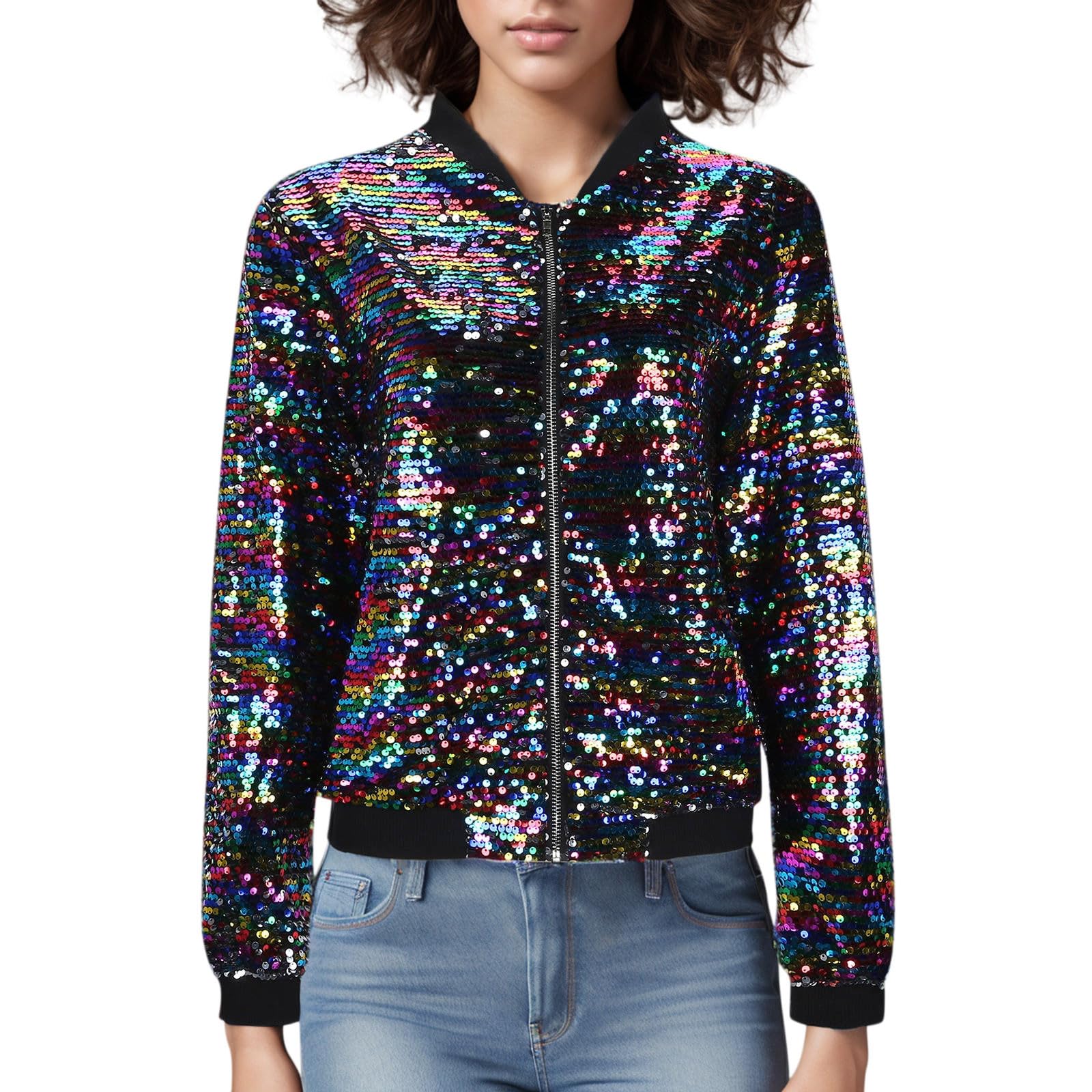 Pailletten Jacke Damen Bunt Glitzer Bomberjacke Glitzernde Jacken Langarm Glänzend Glitzer Bomber Jacke Kurzer Reißverschlussmantel Pailletten Blazer Rave Outfit Metallisches Festival Mantel Jacket