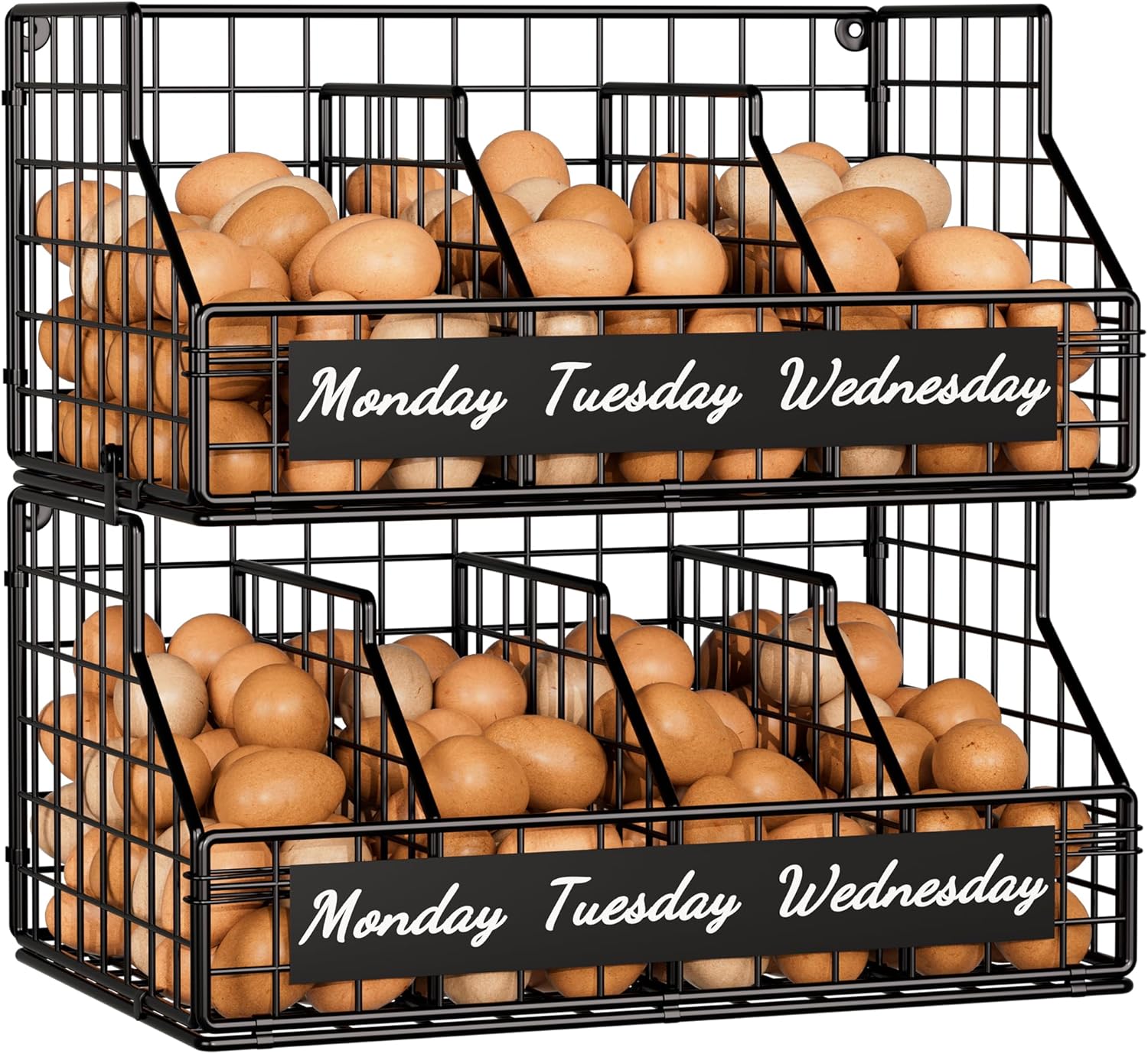 Egg Holder Countertop with 5 Dividers & Labels, 2 Tier Stackable Chicken Egg Baskets for Gathering Fresh Eggs, Egg Organizer for Countertop/Wall-Mounted, Black