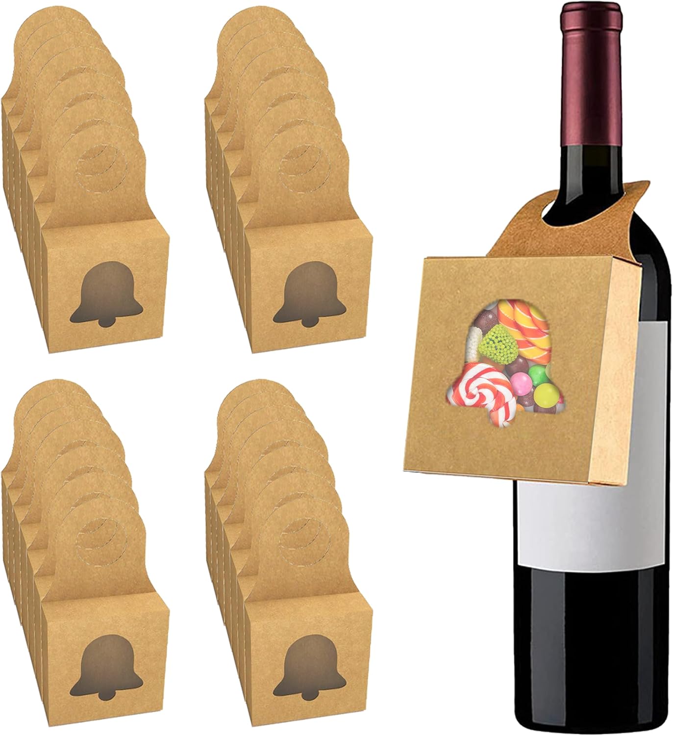 SYOUACEND 36pcs Kraft Paper Wine Bottle Box with Window, Wine Gift Box for Champagne Valentine Boxes for Treats Foldable Wine Candy Boxes for Christmas New Year Wedding Parties Wine Accessory Sets Kraft-Bell