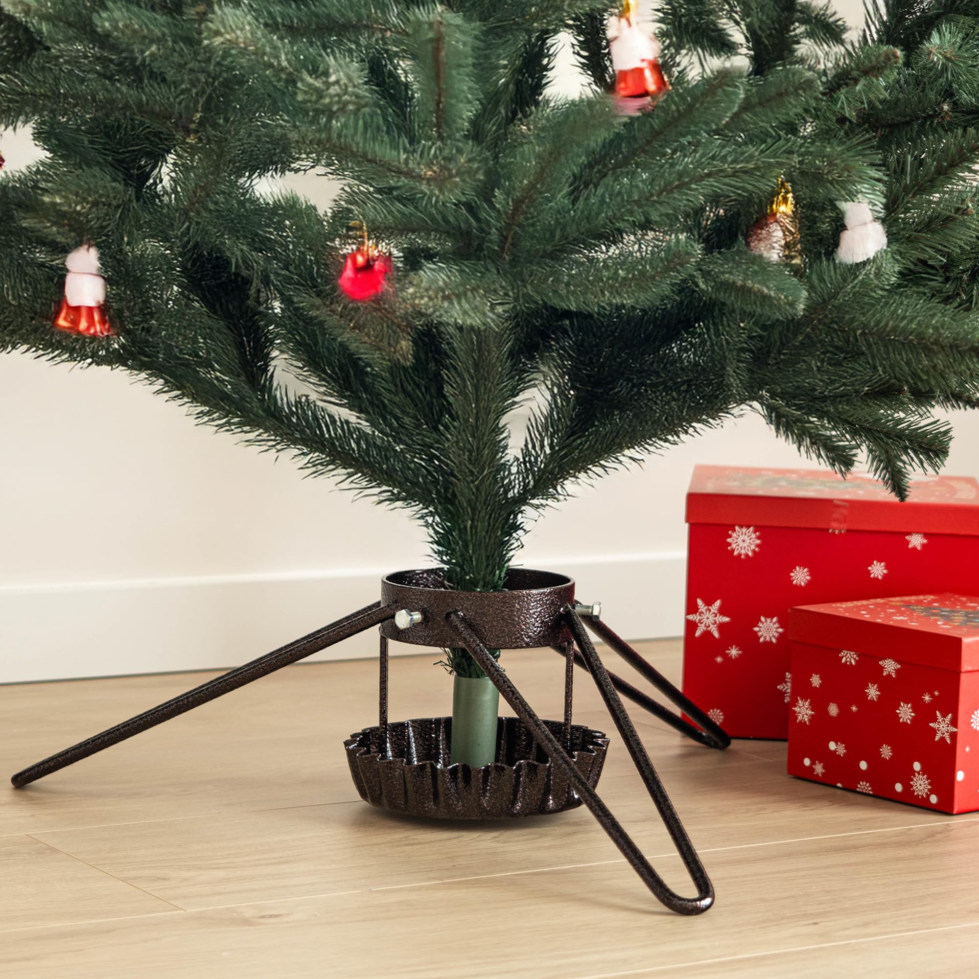 KADAX Support pour sapin de Noël en acier - Support stable avec réservoir d'eau - Avec boutons - Différentes tailles - Marron - Largeur : 58 cm