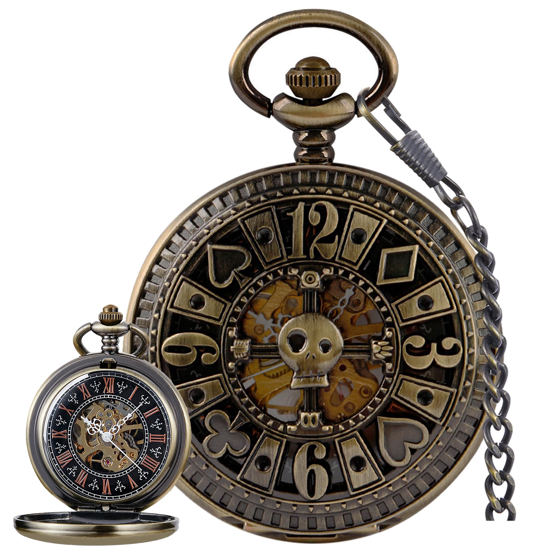Men's Mechanical Holoow Design Hand Wind Pocket Watch Roman Numerals Steampunk with Chain Box