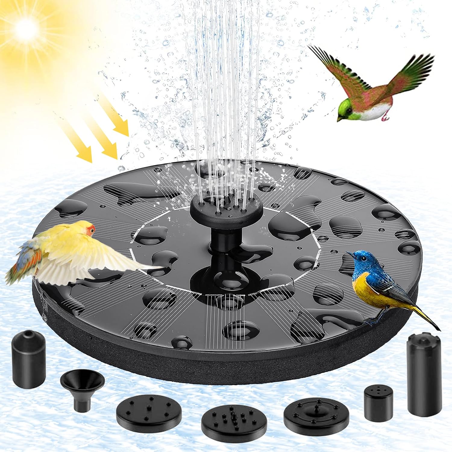 Bird Bath Solar water spray Fountain 4-in-1 Nozzle Solar Water Pump Floating Fountain built-in , Bath,Garden,Pond, Pool,Outdoor