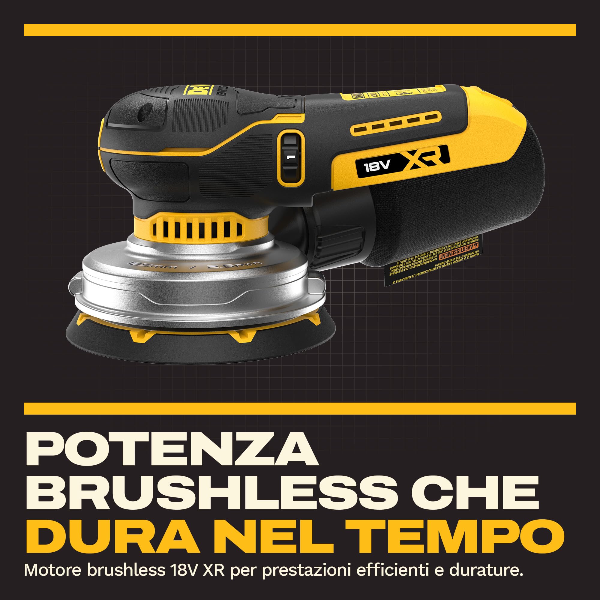 DEWALT Levigatrice roto-orbitale 18V XR BL 125mm con borsa morbida e 1 confezione di dischi abrasivi, DCW211KN-XJ