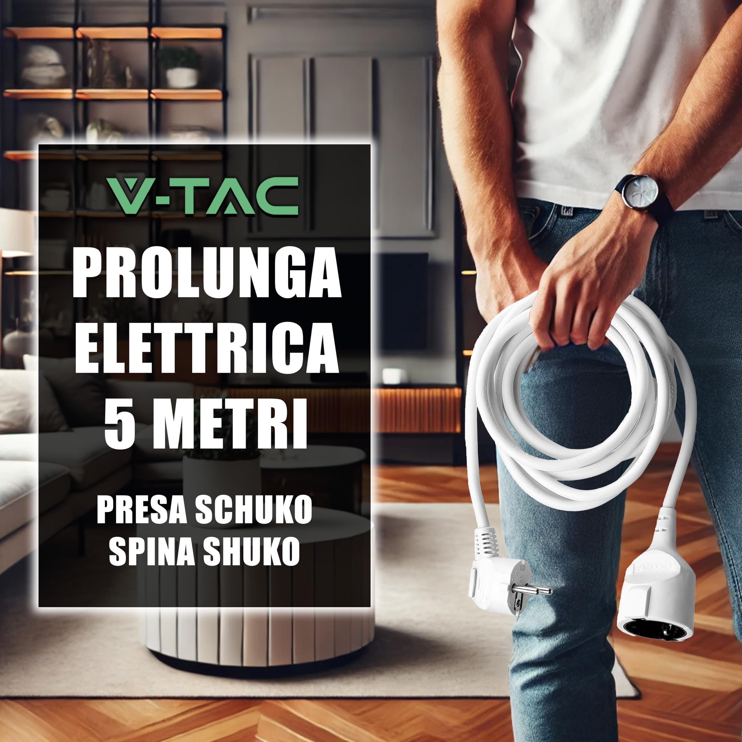 V-TAC Rallonge Électrique 5 MÈTRES - Prise Shuko - Prolongateur Électrique de Câble pour la Maison, Le Bureau, Le Magasin, Le Travail - Super résistante - Charge maximale 3680W