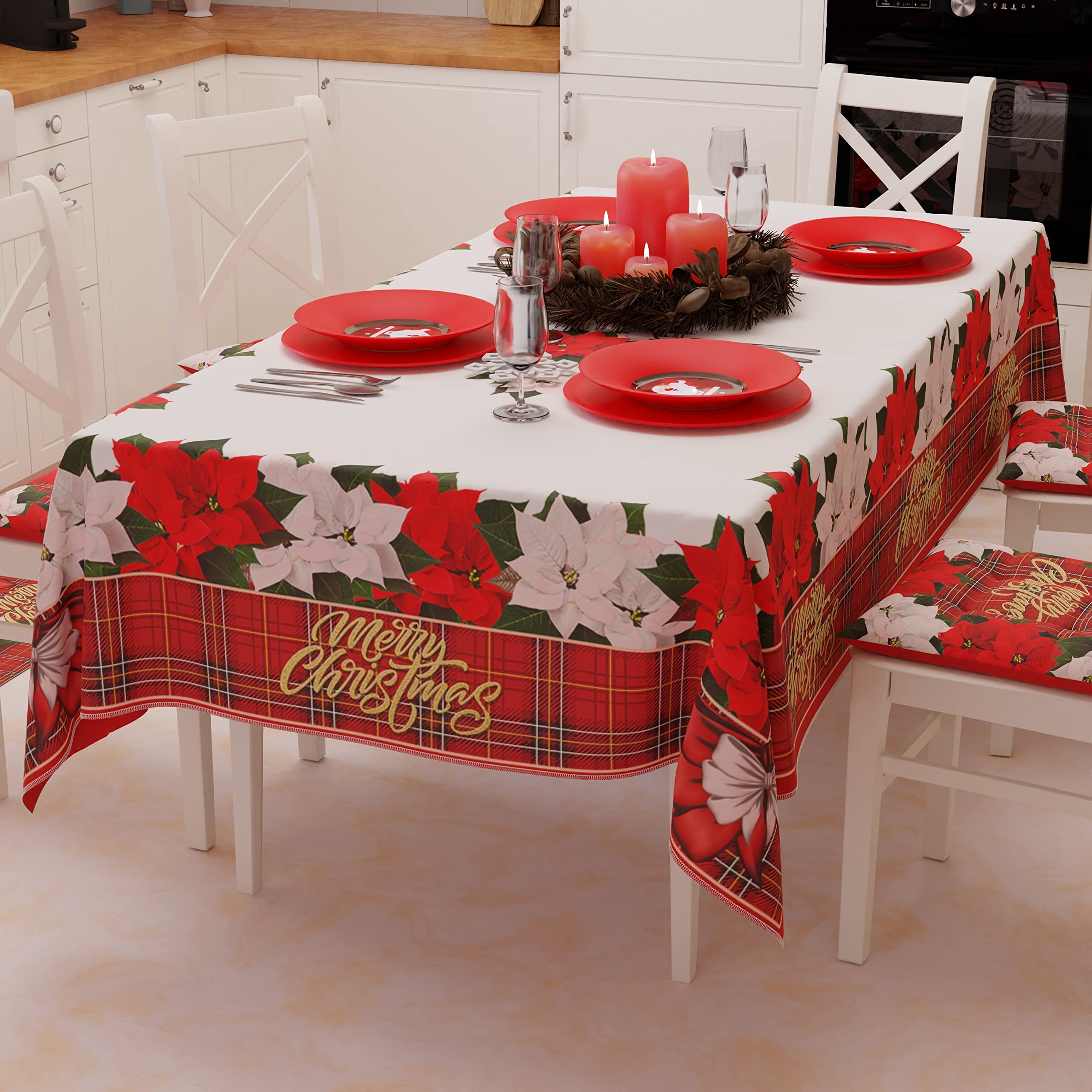 PETTI Artigiani Italiani - Tovaglia Natalizia Antimacchia Rettangolare Copritavolo Natalizio Cucina Disegno Floreale X6 Posti (140x180 cm) 100% Made in Italy