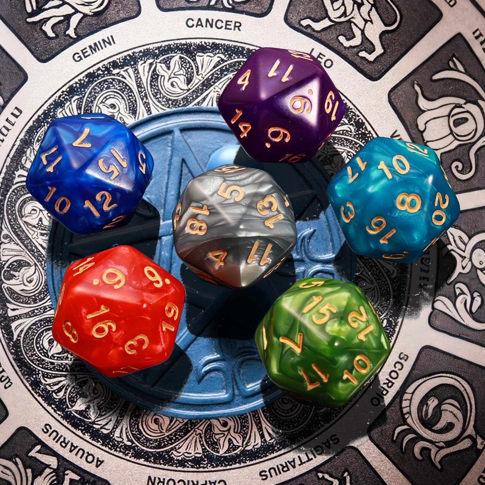 Zestaw kości wielościennych, 6 x 7 (42 sztuki) Kości DND z 6 woreczkami na rzep, do Dungeons and Dragons Pathfinder DND RPG MTG, 6 zestaw kości DND od D4 D6 D8 D10x2 D12 D20