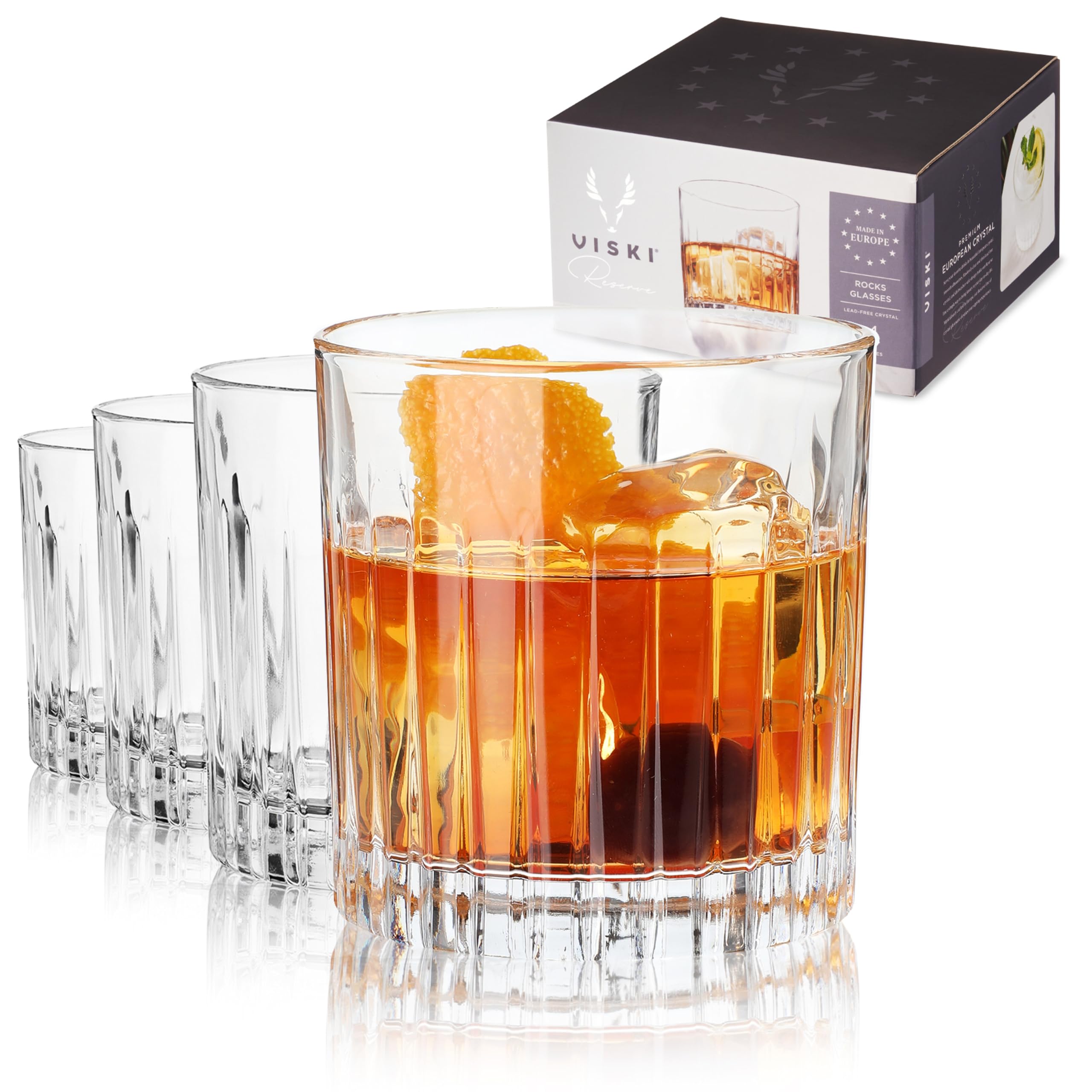 Viski Double Old Fashioned Tumblers, 4 Lead-Free Crystal Lowball Cocktail Glasses, Italian Made Glassware, Set of 4, 12oz (355ml)
