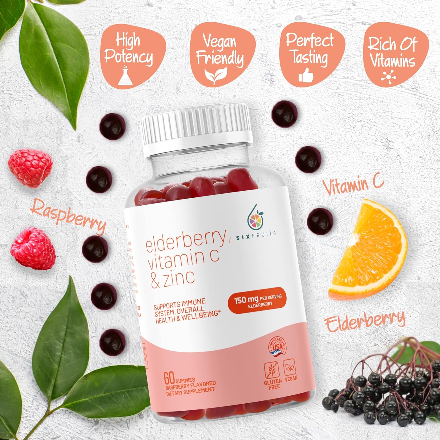 Organic Elderberry Gummies with Zinc & Vitamin C | Vegan Elderberry Gummies for Adults | Immunity & Immune Support Supplement for Adults | Gluten & Gelatin Free