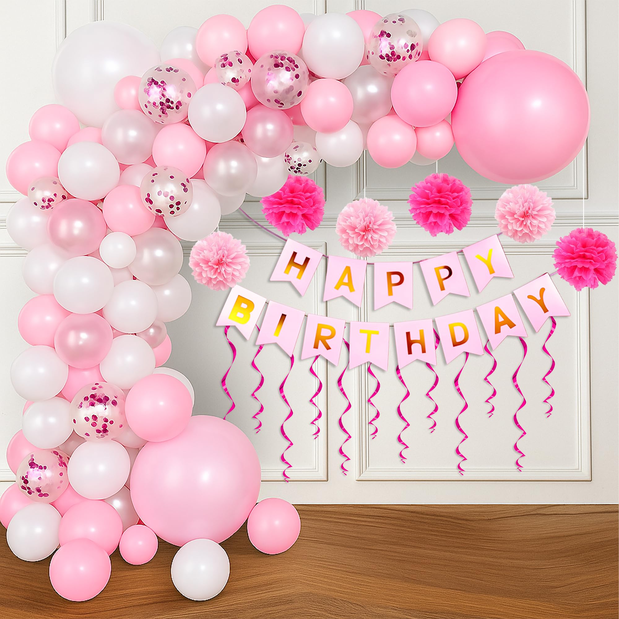 Party Propz Pink Happy Birthday Decoration Kit -34Pcs, Happy Birthday Banner, Confetti, Metallic Balloons, Swirls, Pom Pom/,Birthday Decoration kit for Girls, Birthday Decoration Items