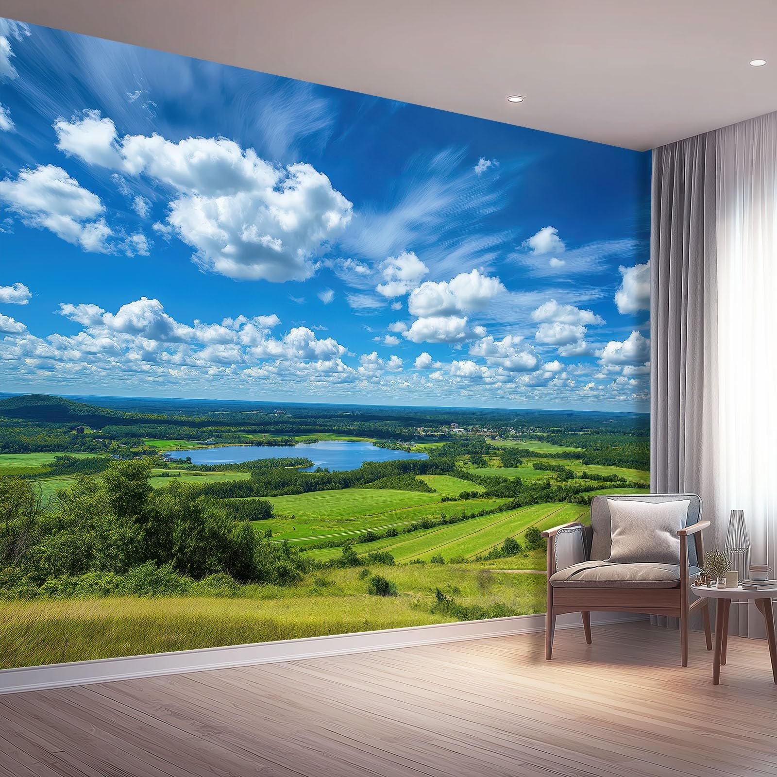Papier Peint Panoramique Paysage Naturel Bleu Vert 350x256 cm pour Décoration Murale