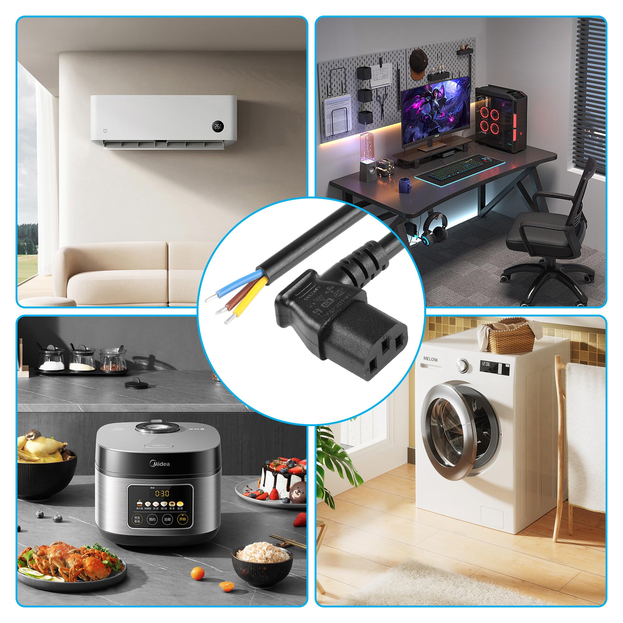 CERRXIAN 90° C13 Stecker Mit Blanken Kabelenden – 2 Stück, 18AWG, 250V/10A, Für PC, Monitor & Haushaltsgeräte