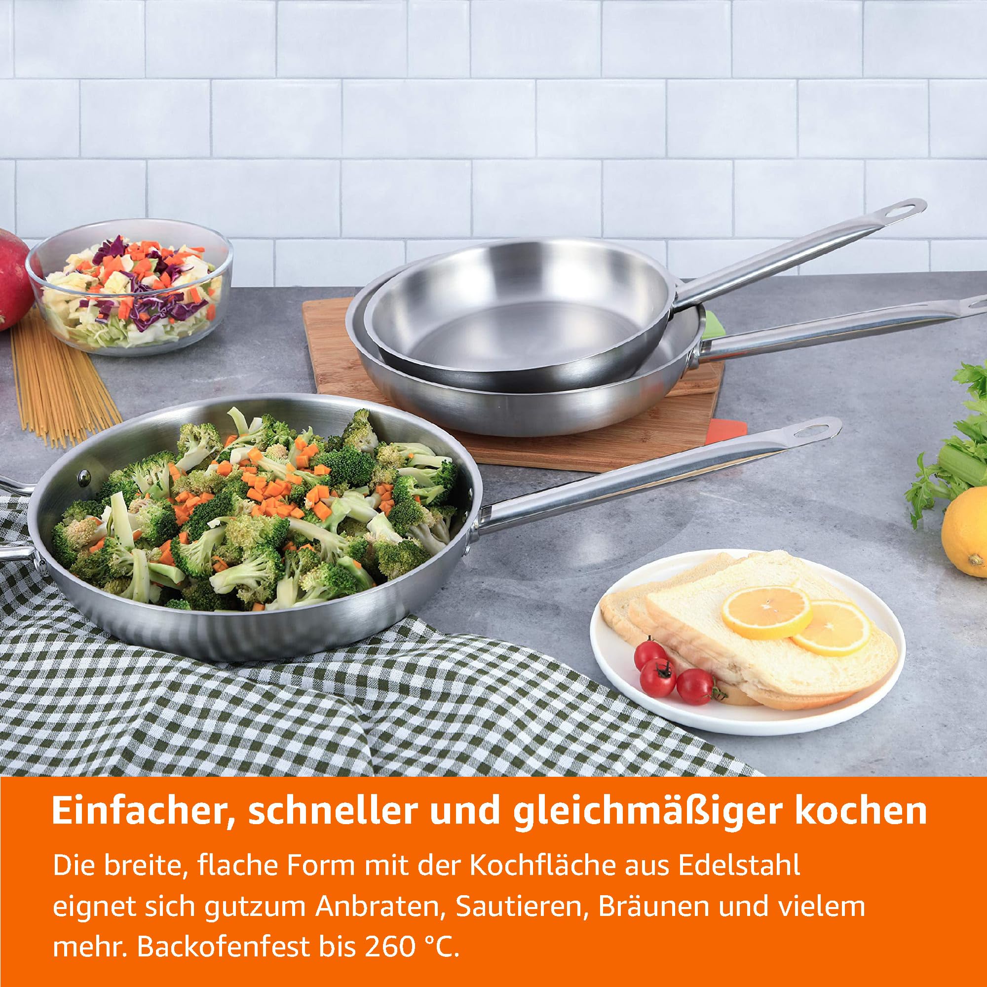 Amazon Basics Bratpfannen-Set, Edelstahl, aluminiumbeschichtet, ofenfest, spülmaschinenfest, mit 20 cm, 24 cm und 30 cm großen Pfannen, 3-teilig, Silber