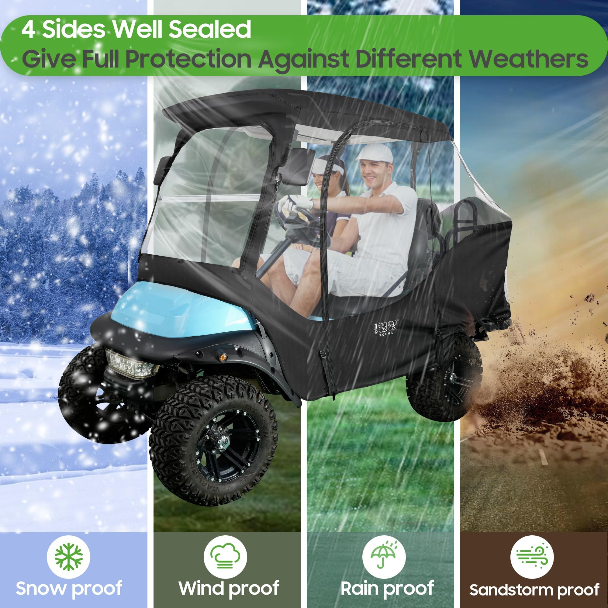 10L0L 4 Passagier-Golf-Buggy, Fahrgehäuse für Club-Auto, Precedent Golfwagen mit kurzem Dach bis zu 144,8 cm, 4-seitiges Klarfenster, 420D-Golf-Buggy, Winter-Regenschutz, Allwetter, winddicht,