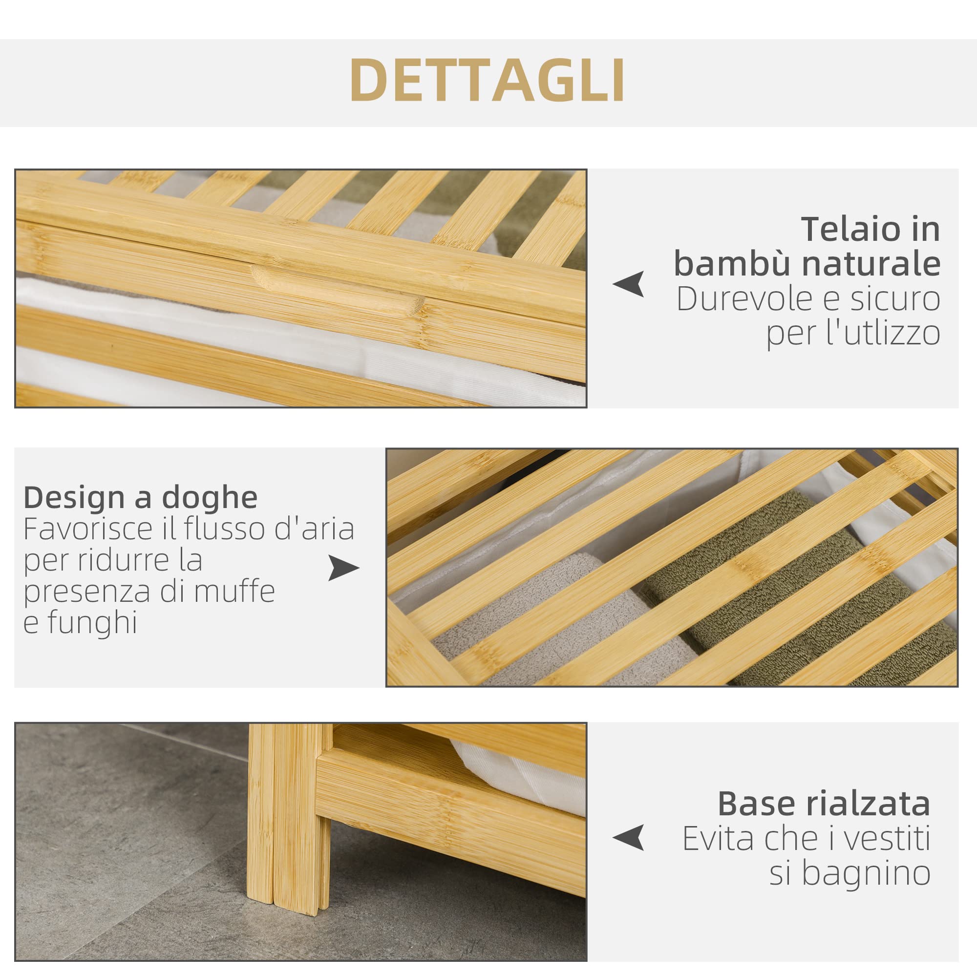 HOMCOM Cesto Portabiancheria a Doghe Coperchio 50x36x60 cm Color Legno | Cesto per Biancheria Sporca, Bambù e Poliestere, Sacca Rimovibile, Bagno e Camera da Letto