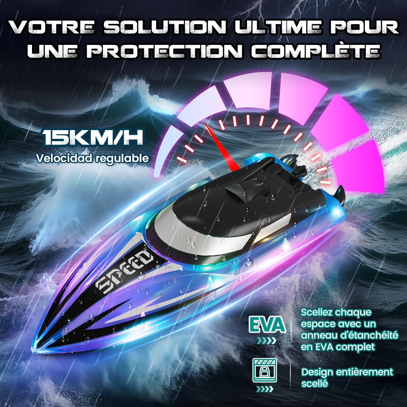 JONRRYIN Bateau Télécommandé 2 Pièces, Bateau Telecommandé Enfant pour Piscines et Lacs, 2,4 GHz RC Bateaux de Course avec Lumières LED et Alarme de Batterie Faible pour Enfants et Adultes