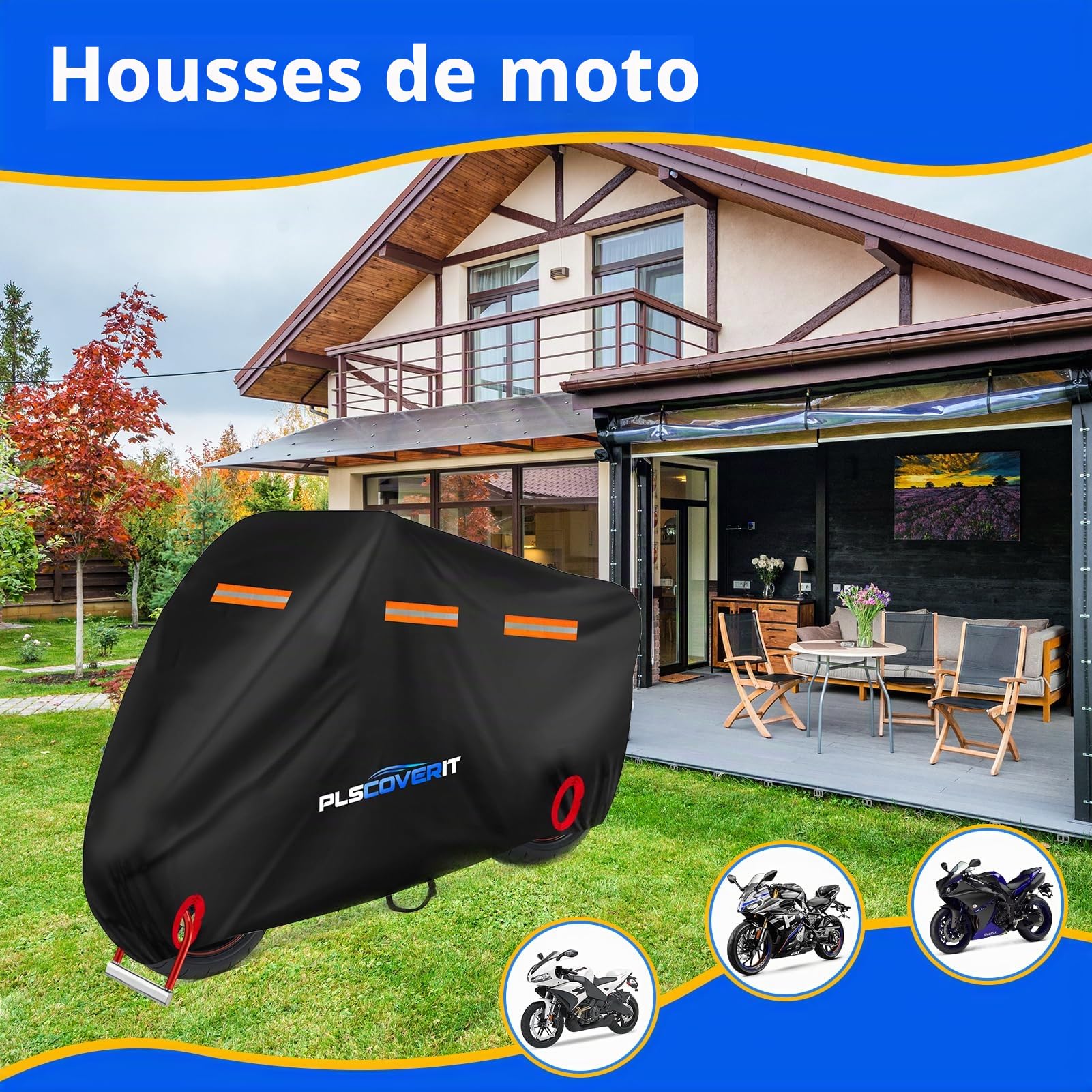Housse de Moto 600D très résistante et étanche à la poussière pour Moto, Scooter, Protection avec Bandes réfléchissantes, Trous de Verrouillage et Sac de Rangement, 247,7 x 104,1 x 127 cm